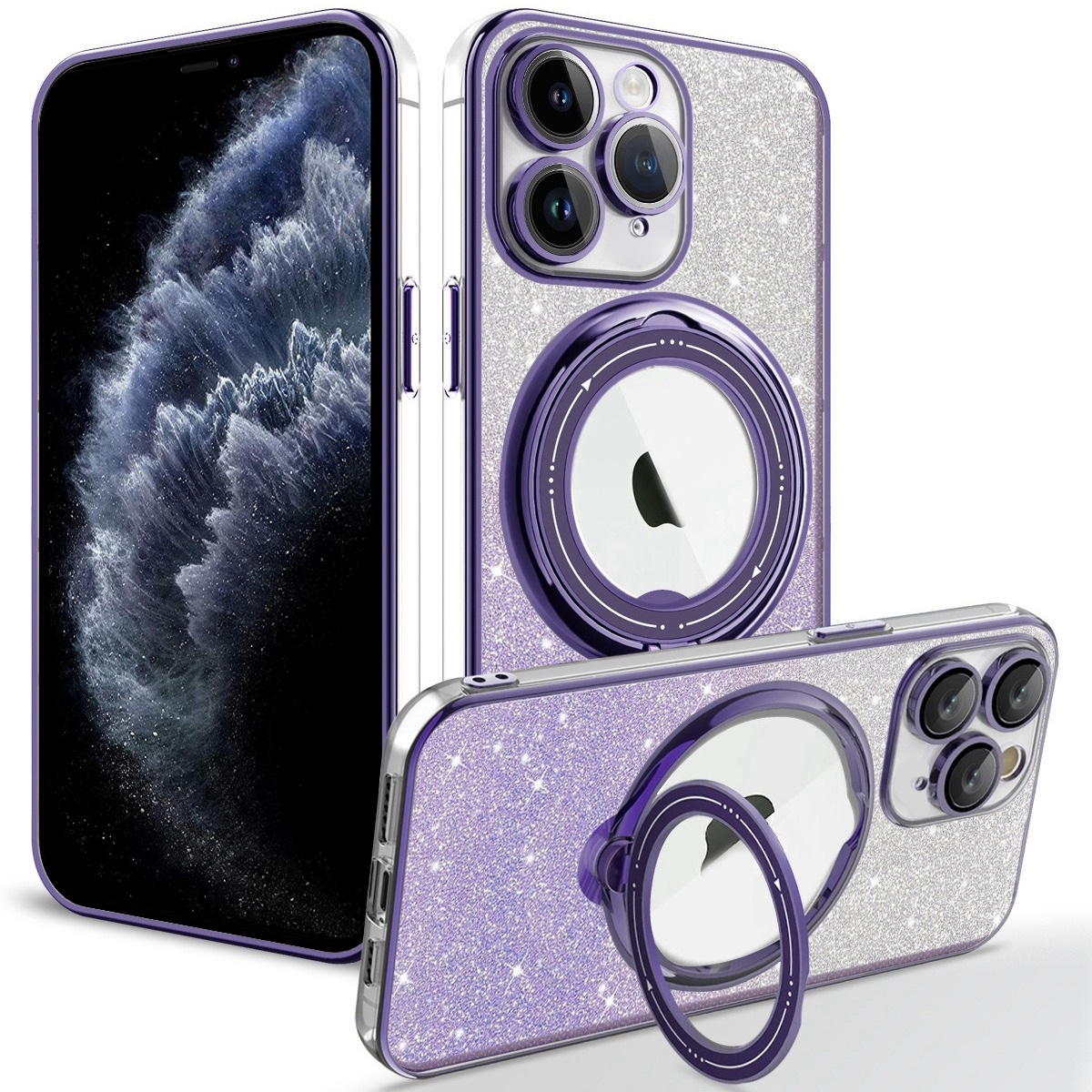 For iPhone 11 Pro Rotation MagSafe Holder Gradient Glitter TPU Phone Case(Night Purple) - Shopkiz.com