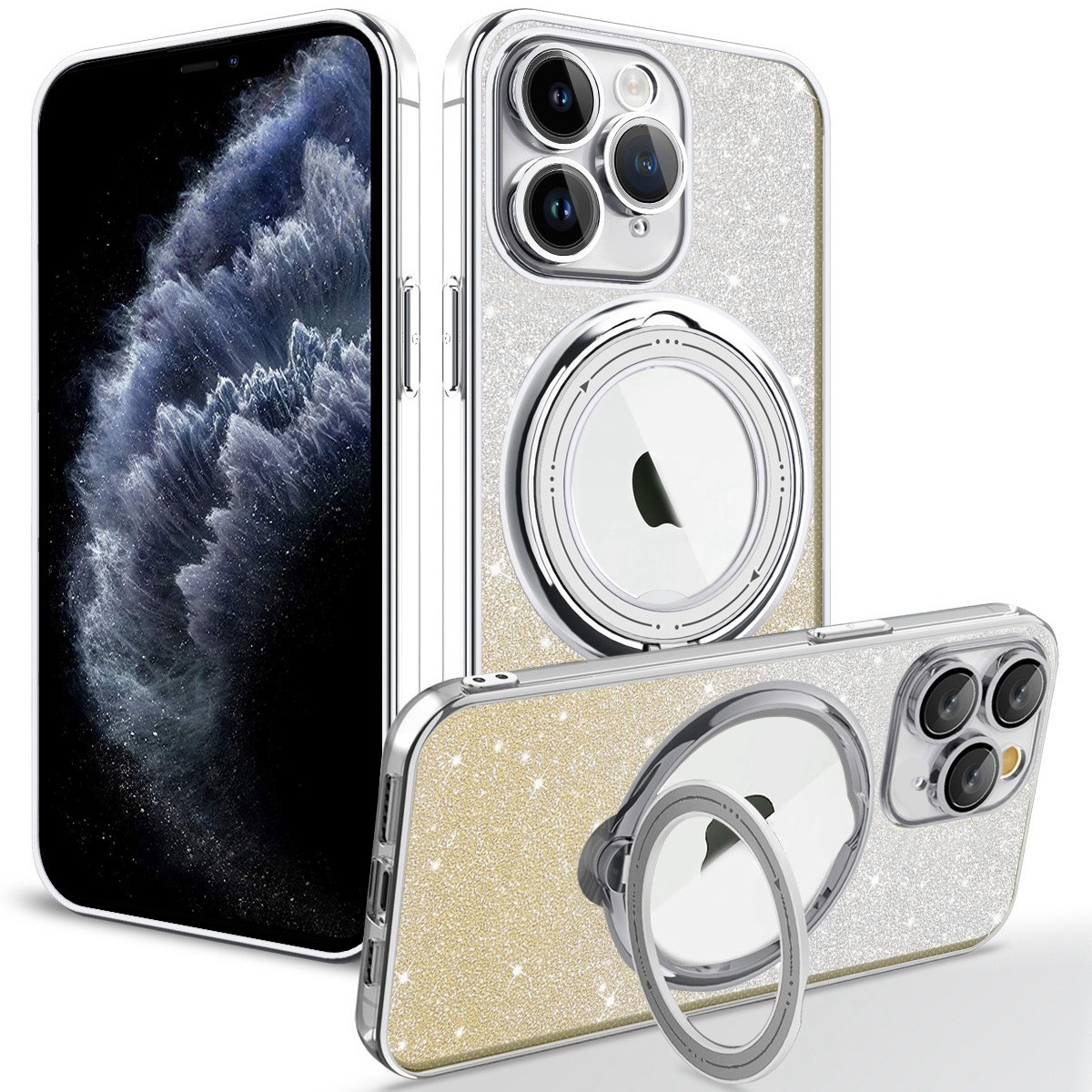 For iPhone 11 Pro Rotation MagSafe Holder Gradient Glitter TPU Phone Case(Gold) - Shopkiz.com