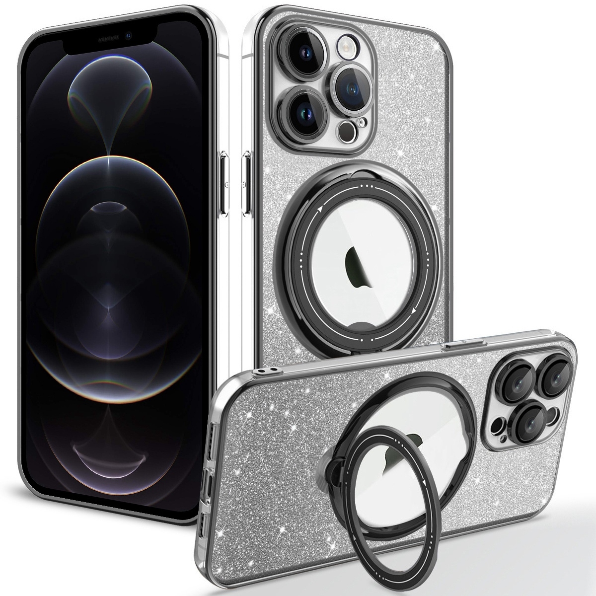 For iPhone 12 Pro Rotation MagSafe Holder Gradient Glitter TPU Phone Case(Black) - Shopkiz.com