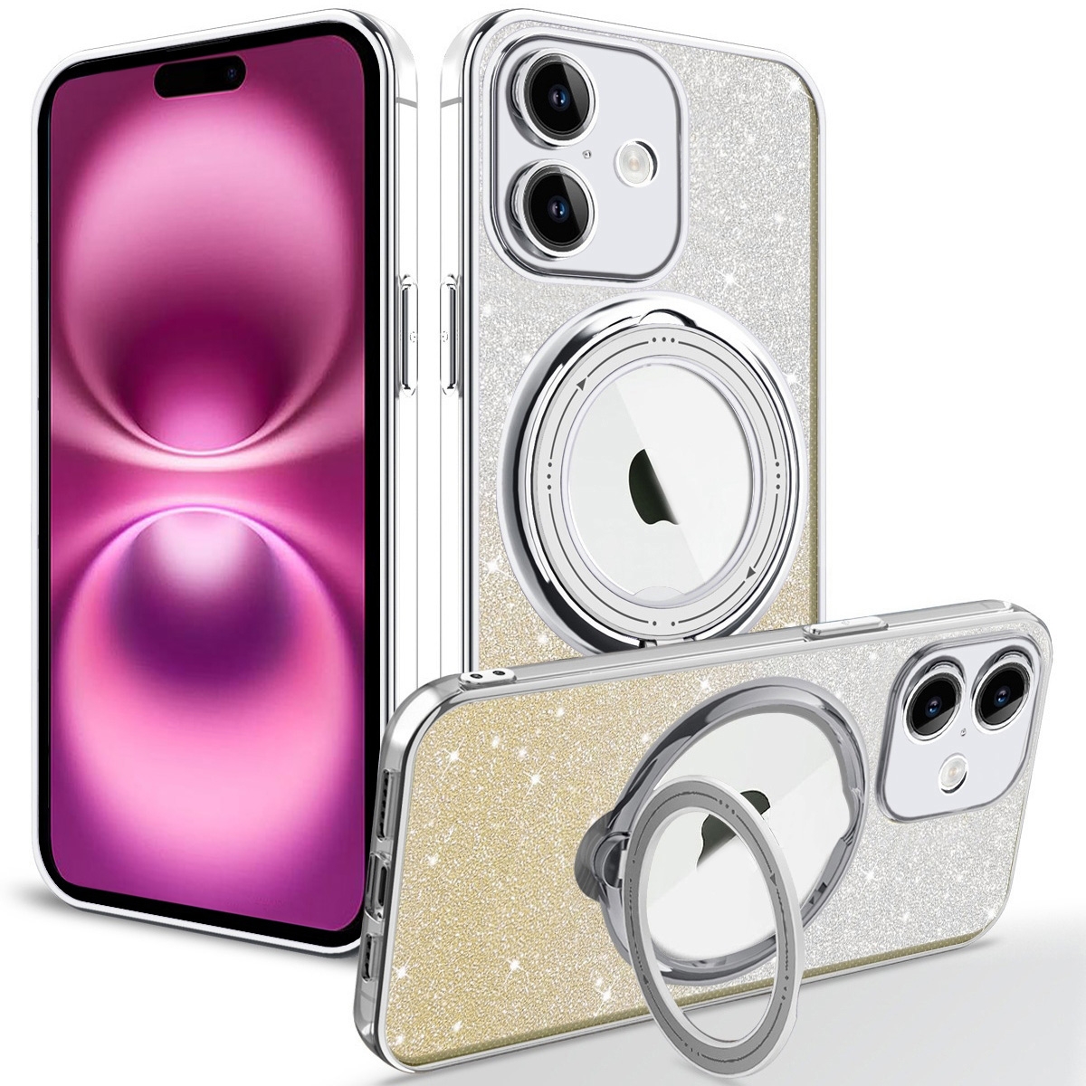 For iPhone 16 Plus Rotation MagSafe Holder Gradient Glitter TPU Phone Case(Gold) - Shopkiz.com