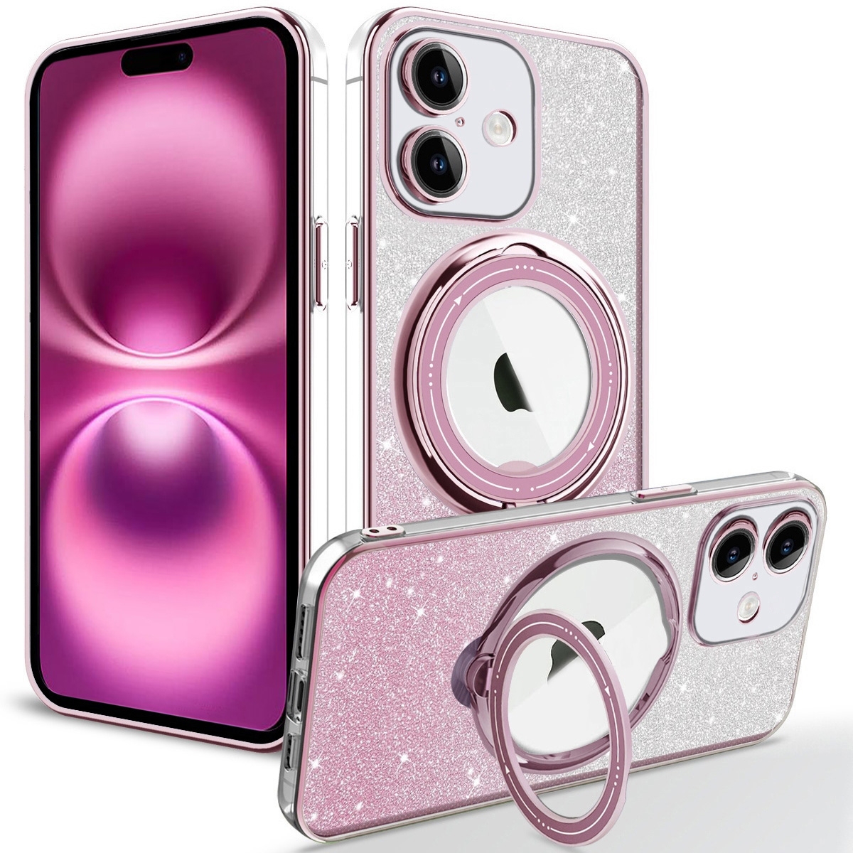 For iPhone 16 Plus Rotation MagSafe Holder Gradient Glitter TPU Phone Case(Pink) - Shopkiz.com