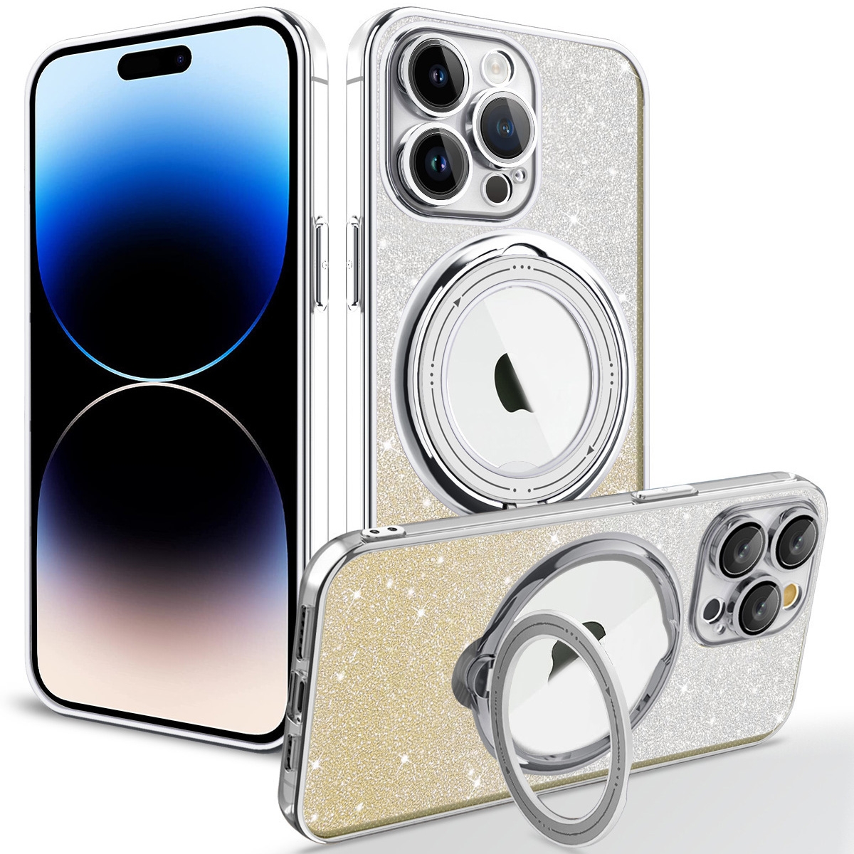 For iPhone 16 Pro Rotation MagSafe Holder Gradient Glitter TPU Phone Case(Gold) - Shopkiz.com
