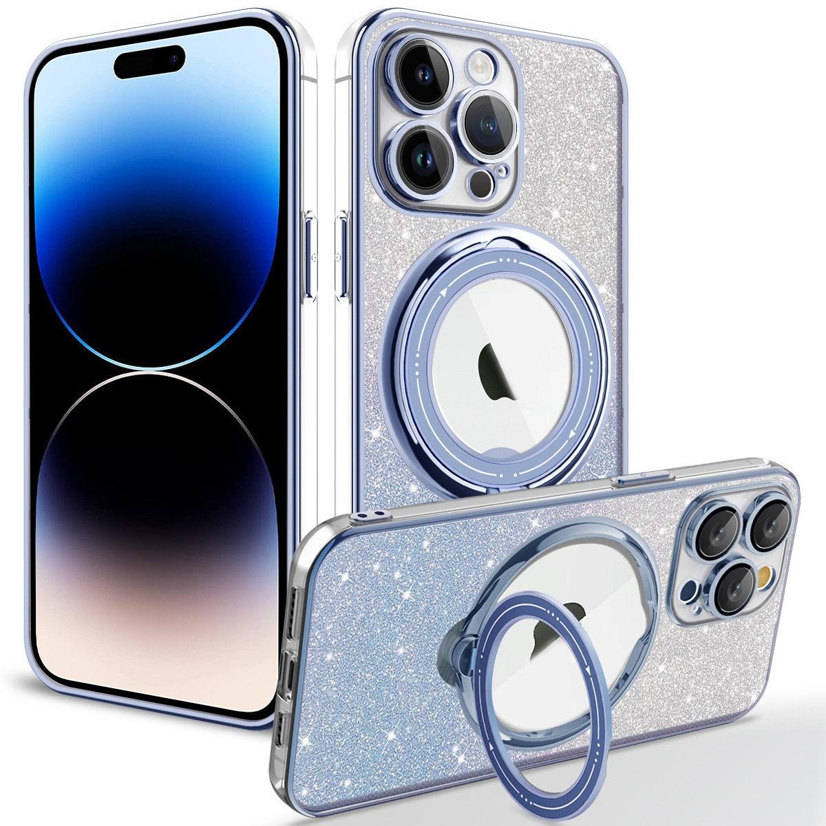 For iPhone 16 Pro Rotation MagSafe Holder Gradient Glitter TPU Phone Case(Sierra Blue) - Shopkiz.com