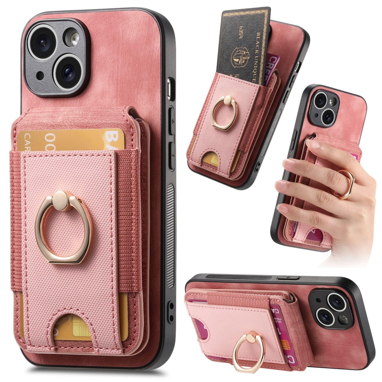 For iPhone 15 Plus Retro Splitable Magnetic Stand Card Bag Leather Phone Case(Pink) - Shopkiz.com