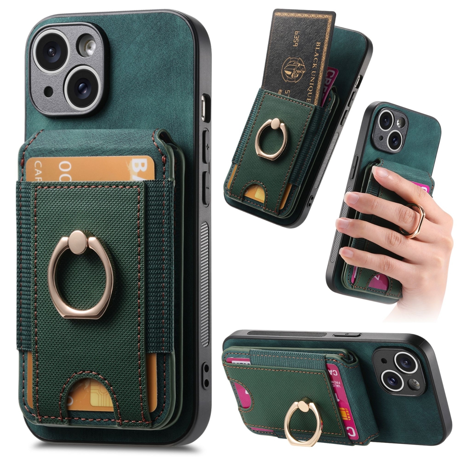 For iPhone 15 Retro Splitable Magnetic Stand Card Bag Leather Phone Case(Green) - Shopkiz.com