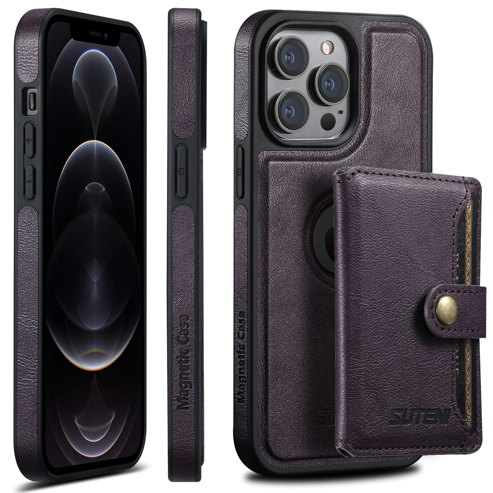 For iPhone 12 Pro Suteni M1 Oil Wax MagSafe Detachable Horizontal Card Bag Phone Case(Purple) - Shopkiz.com