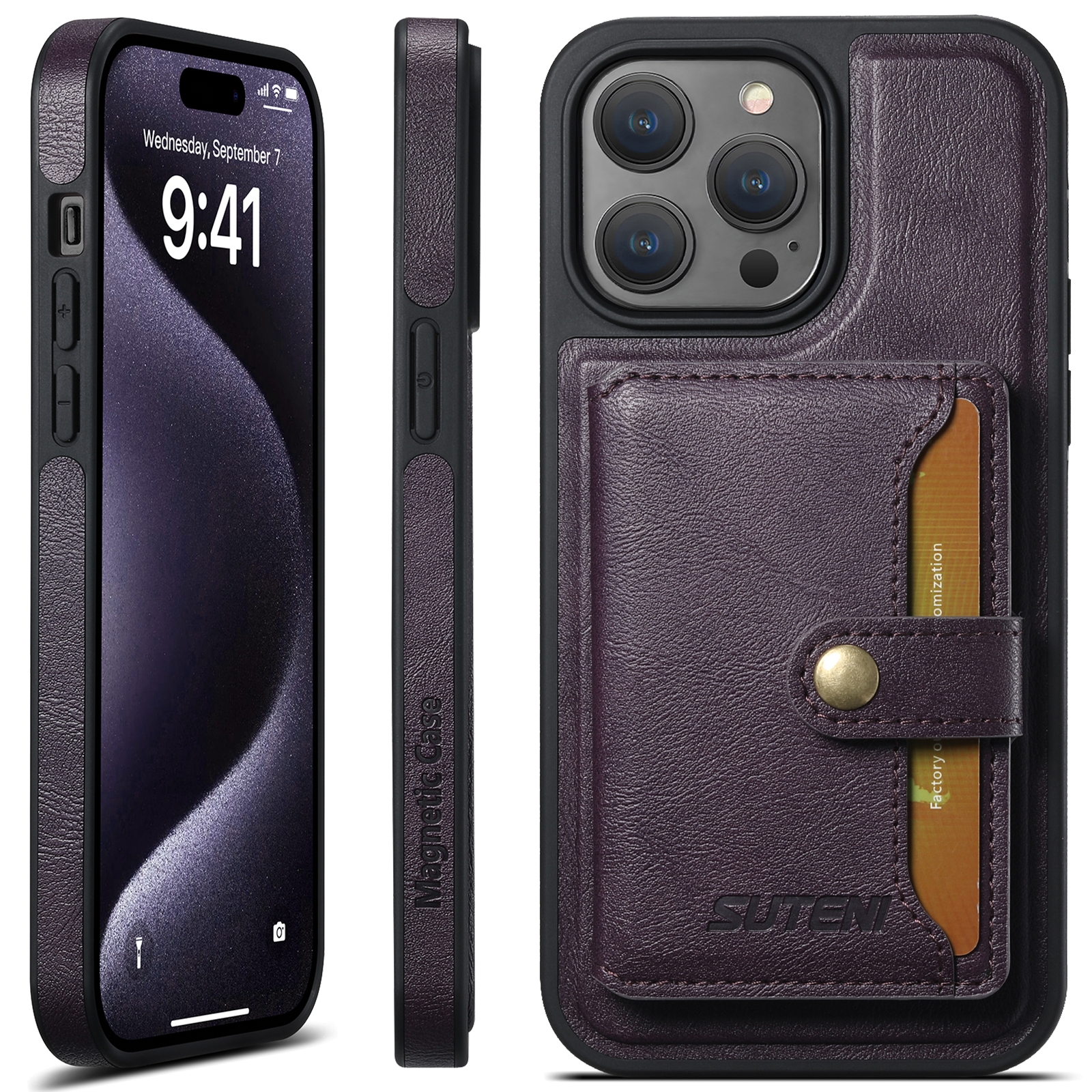 For iPhone 16 Pro Suteni M1 Oil Wax MagSafe Detachable Horizontal Card Bag Phone Case(Purple) - Shopkiz.com