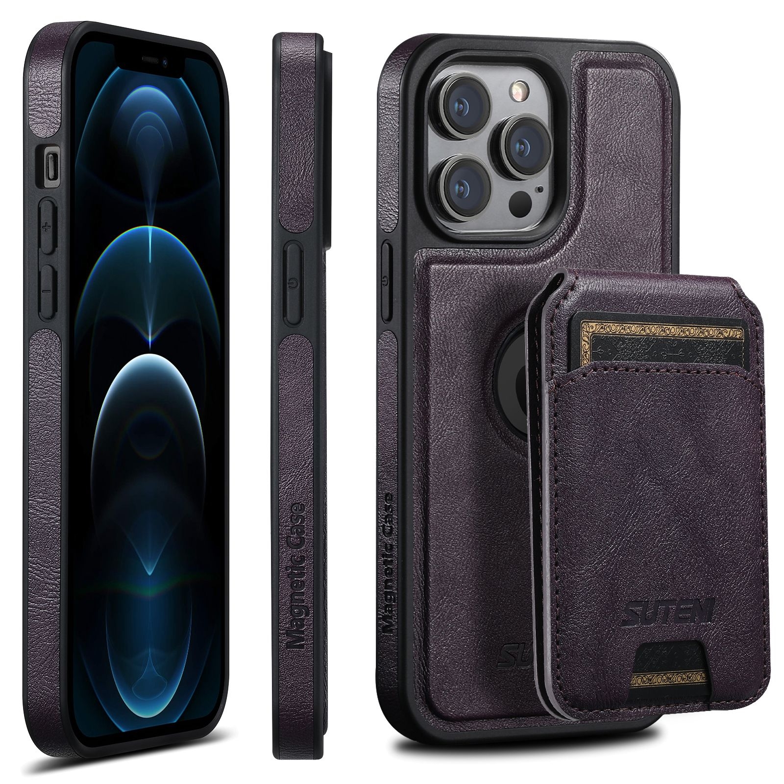 For iPhone 12 Pro Max Suteni M2 Oil Wax MagSafe Horizontal Card Bag Phone Case(Purple) - Shopkiz.com