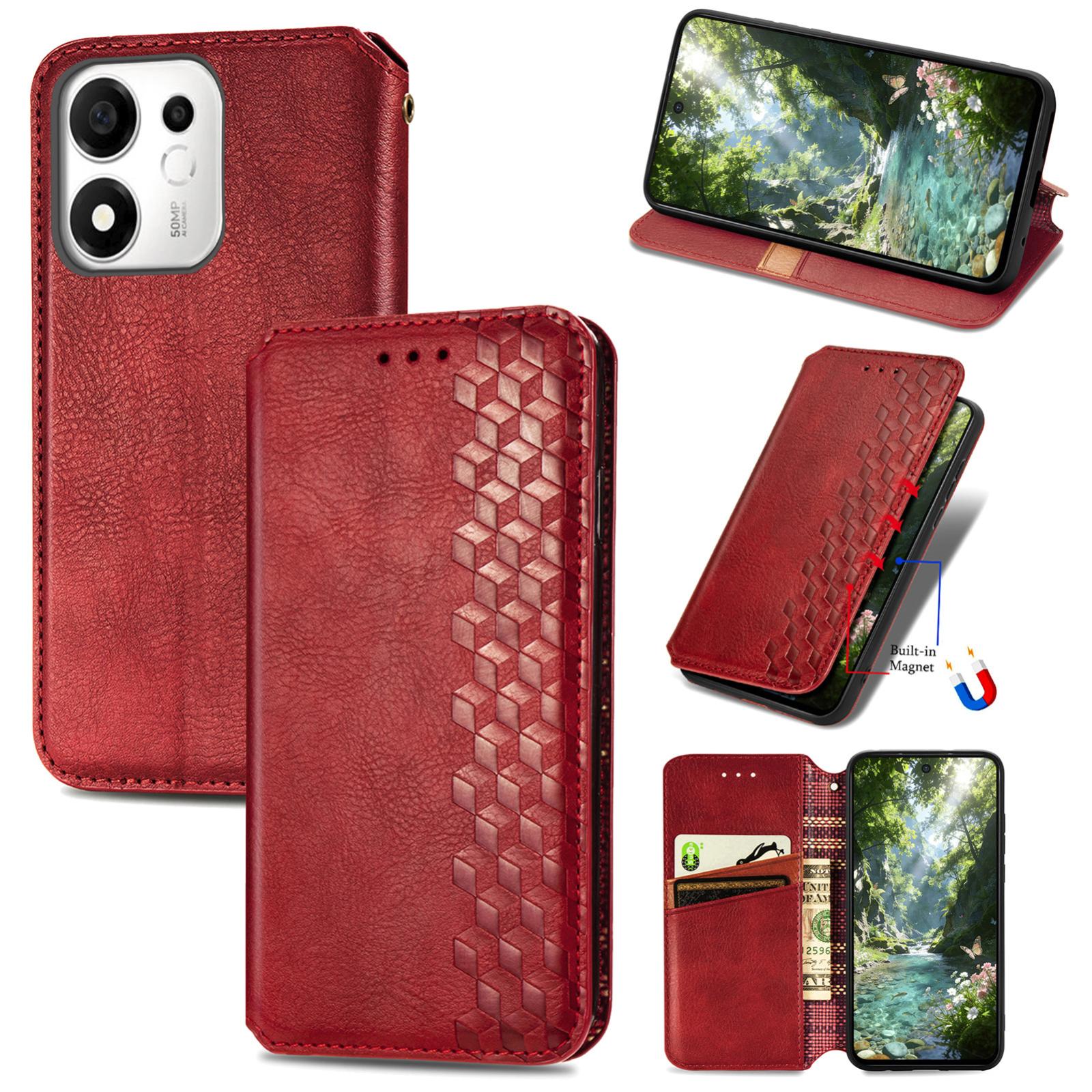 For Honor 600 Smart 5G Cubic Grid Pressed Magnetic Leather Phone Case(Red) - Shopkiz.com