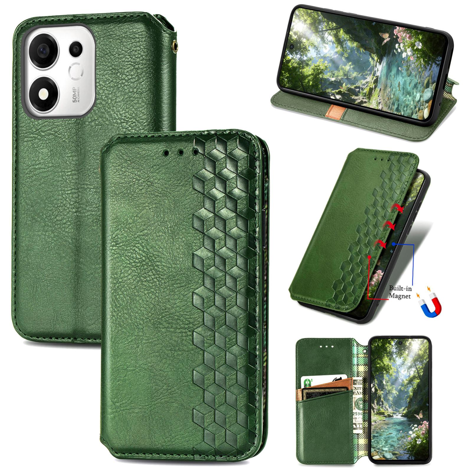 For Honor 600 Smart 5G Cubic Grid Pressed Magnetic Leather Phone Case(Green) - Shopkiz.com