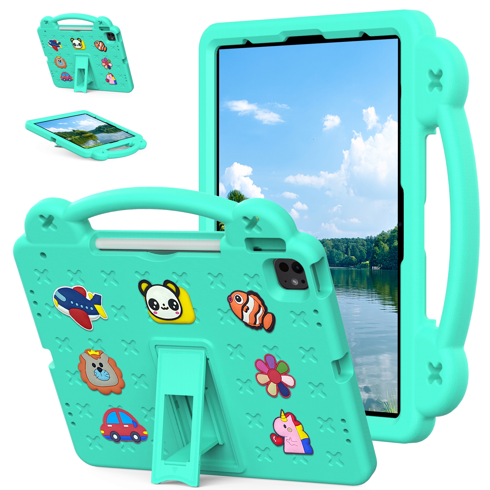 For iPad Pro 12.9 2022 / 2021 Handle Kickstand Children EVA Shockproof Tablet Case(Mint Green) - Shopkiz.com