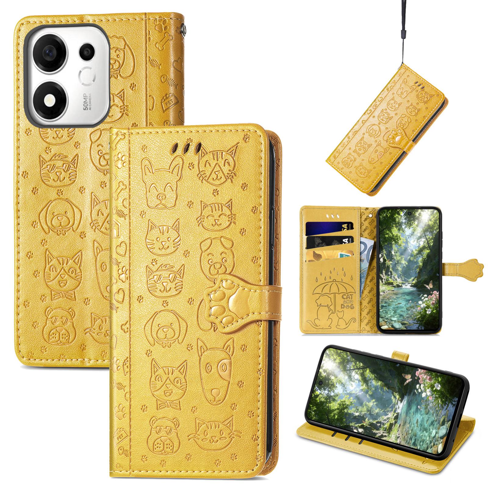 For Honor 600 Smart 5G Cat and Dog Embossed Leather Phone Case(Yellow) - Shopkiz.com