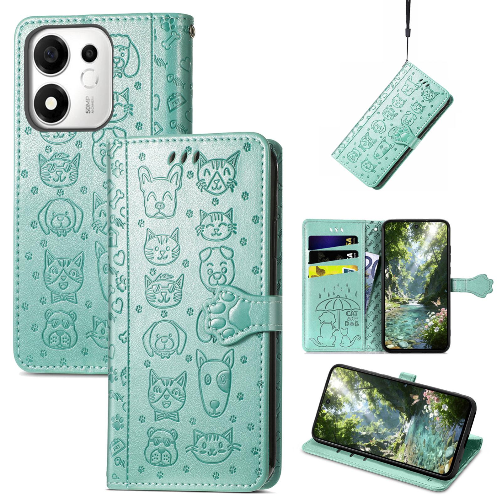 For Honor 600 Smart 5G Cat and Dog Embossed Leather Phone Case(Green) - Shopkiz.com