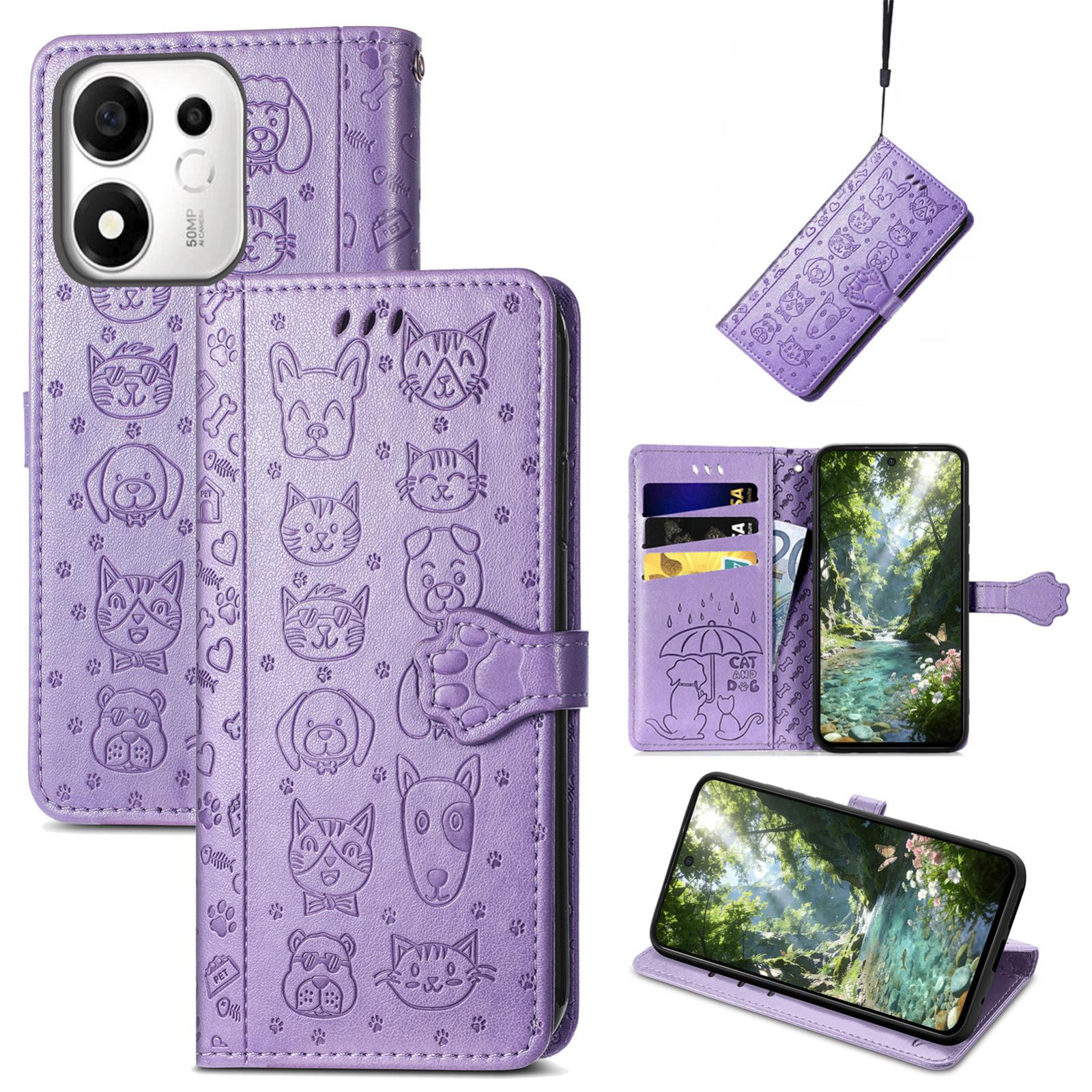 For Honor 600 Smart 5G Cat and Dog Embossed Leather Phone Case(Purple) - Shopkiz.com