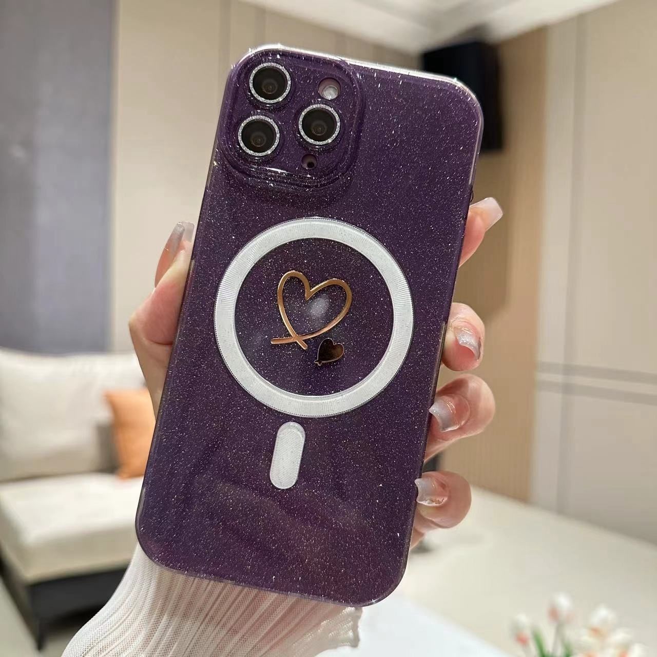 For iPhone 15 Pro Love MagSafe Glitter Jelly TPU Phone Case(Dark Purple) - Shopkiz.com