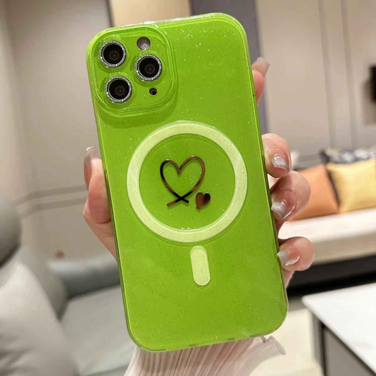For iPhone 15 Pro Love MagSafe Glitter Jelly TPU Phone Case(Fluorescent Green) - Shopkiz.com