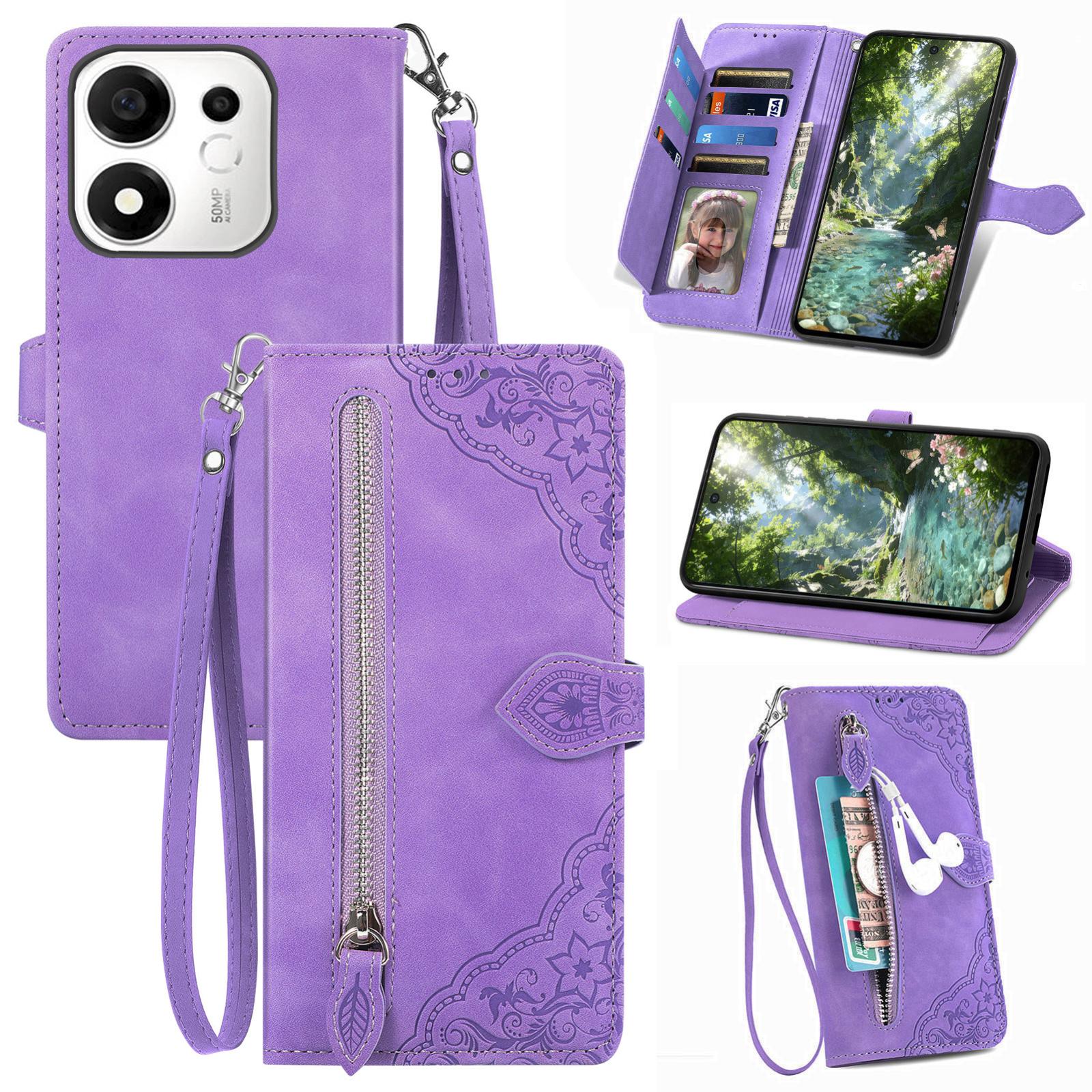 For Honor 600 Smart 5G Embossed Flower Zipper Leather Phone Case(Purple) - Shopkiz.com