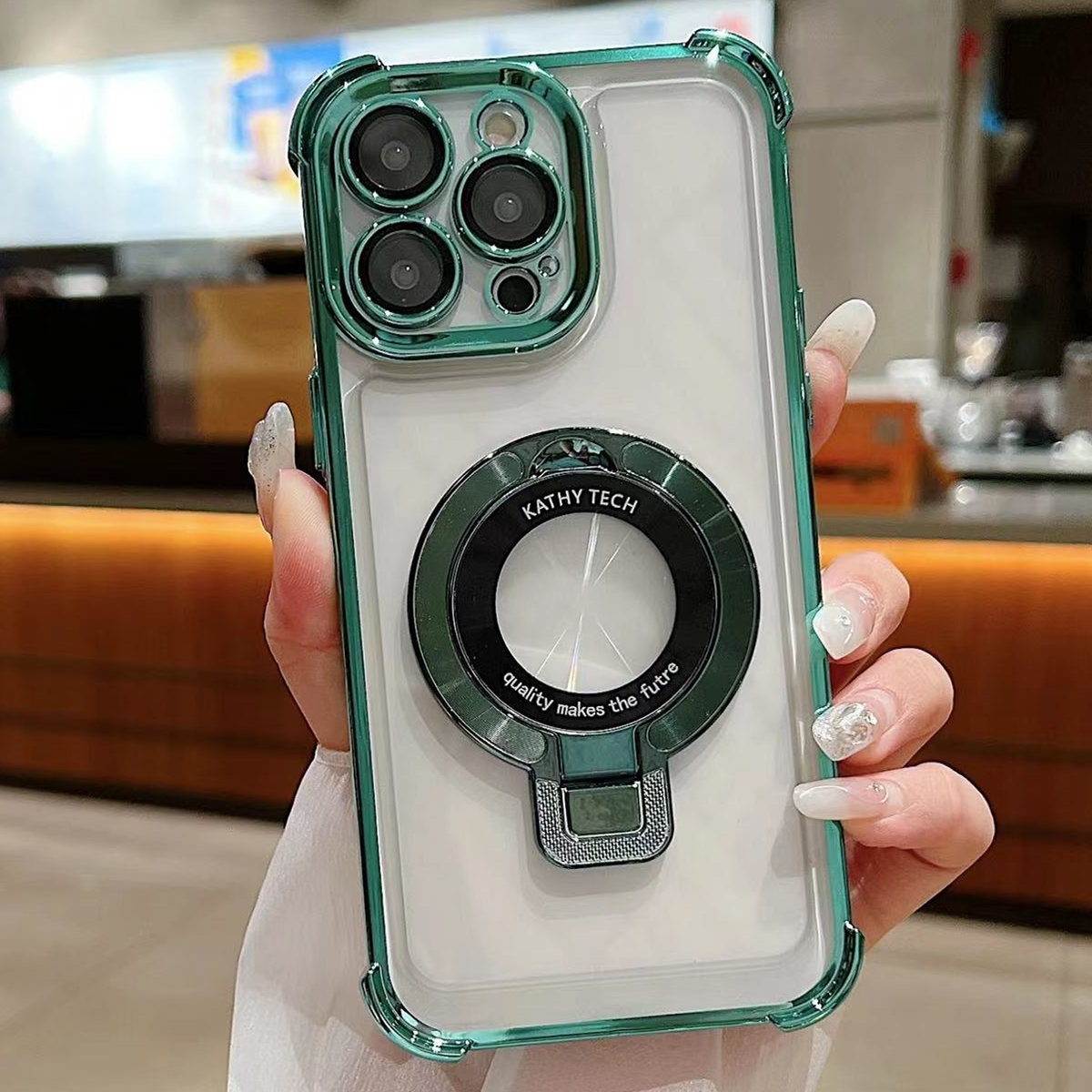 For iPhone 15 Pro Max Ultra-thin Electroplated Holder Magsafe Phone Case(Green) - Shopkiz.com