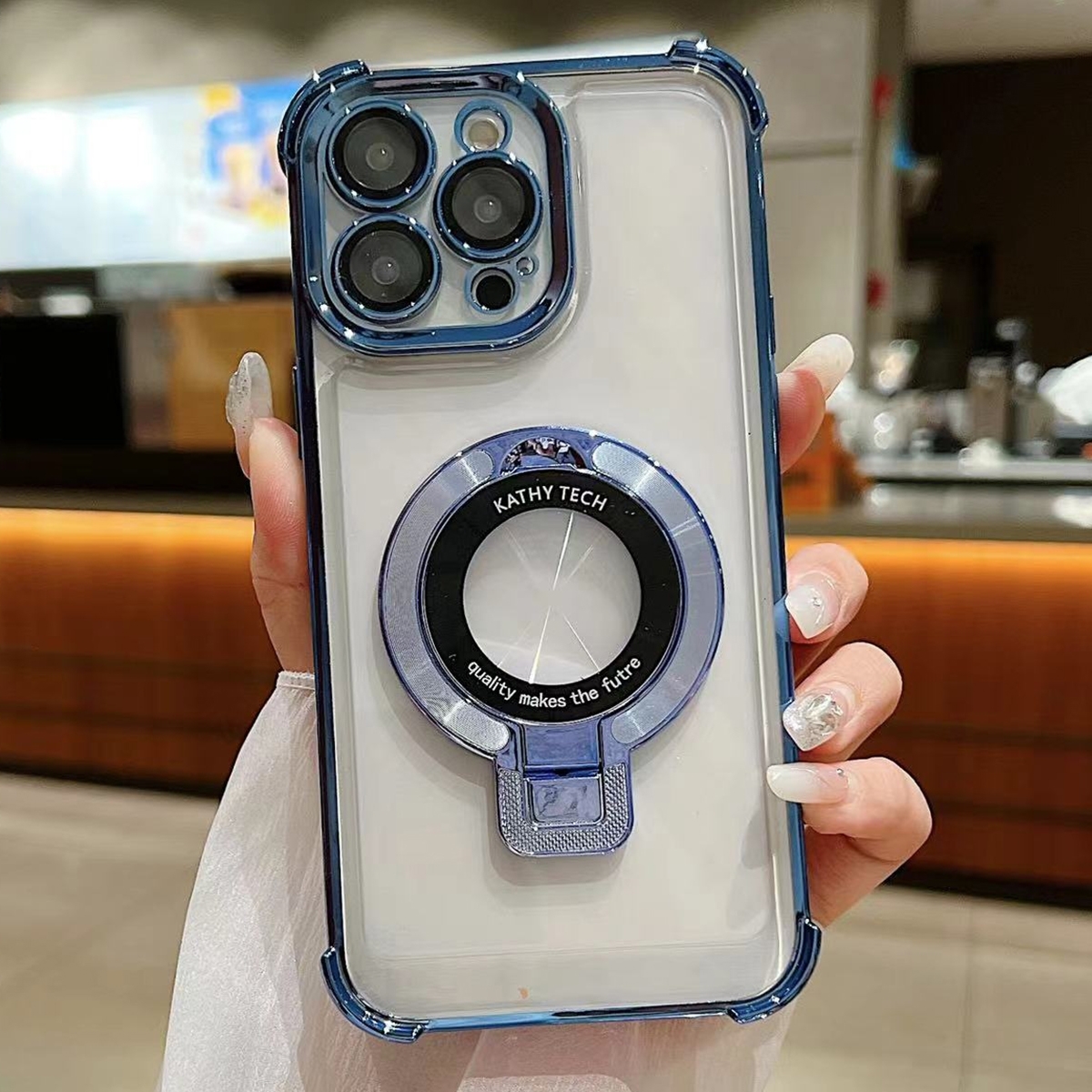 For iPhone 15 Pro Ultra-thin Electroplated Holder Magsafe Phone Case(Sierra Blue) - Shopkiz.com