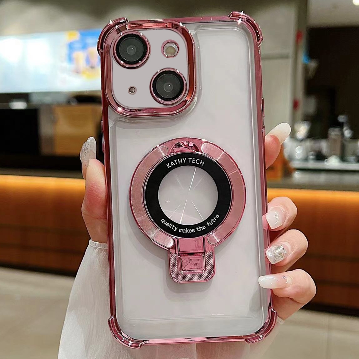 For iPhone 15 Plus Ultra-thin Electroplated Holder Magsafe Phone Case(Pink) - Shopkiz.com