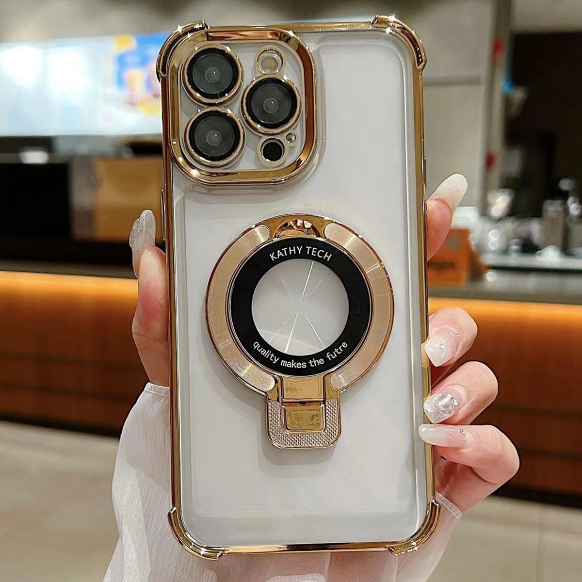 For iPhone 14 Pro Max Ultra-thin Electroplated Holder Magsafe Phone Case(Gold) - Shopkiz.com