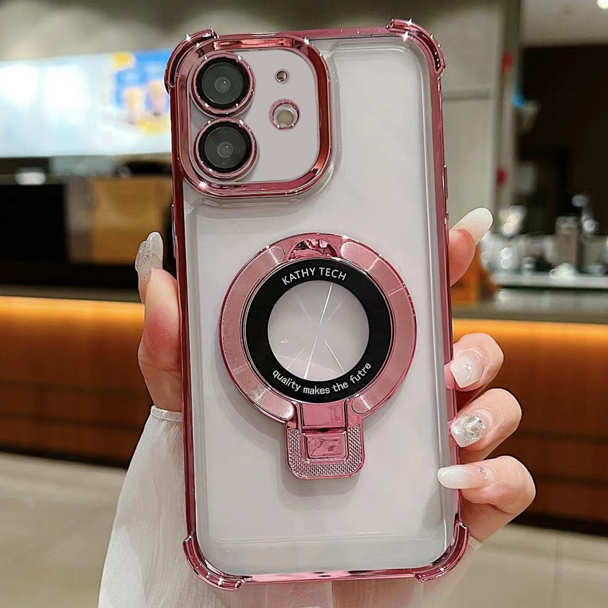 For iPhone 12 Ultra-thin Electroplated Holder Magsafe Phone Case(Pink) - Shopkiz.com