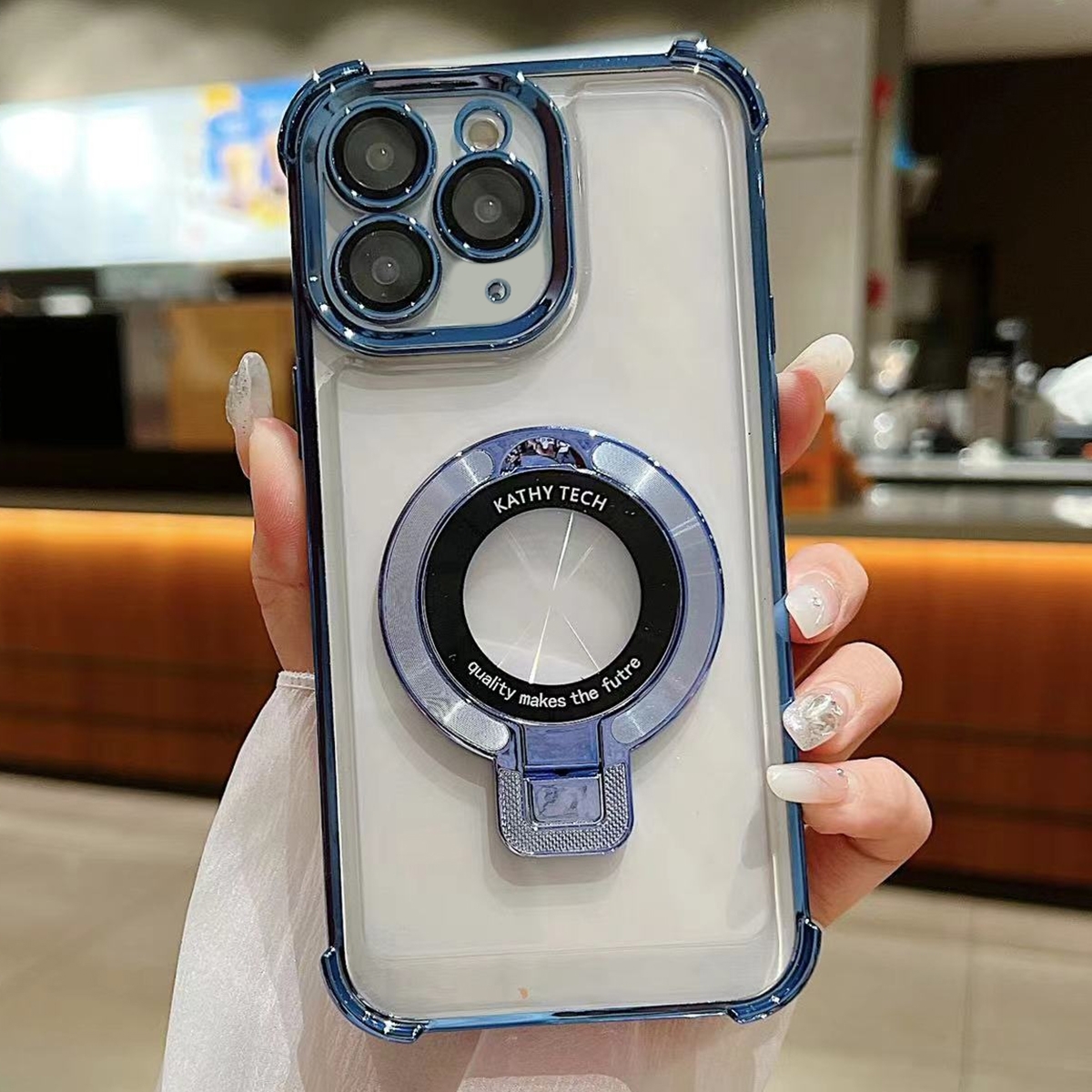 For iPhone 11 Pro Max Ultra-thin Electroplated Holder Magsafe Phone Case(Sierra Blue) - Shopkiz.com
