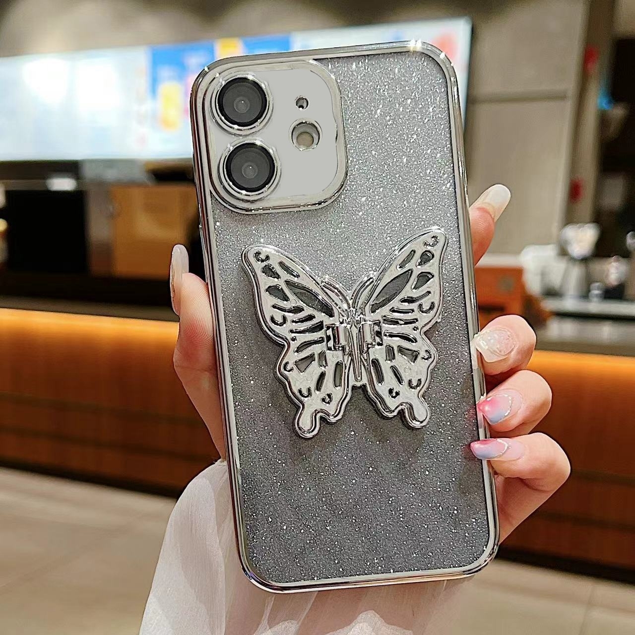 For iPhone 11 Electroplated Gradient Glitter 3D Butterfly TPU Phone Case(Gradient Silver) - Shopkiz.com
