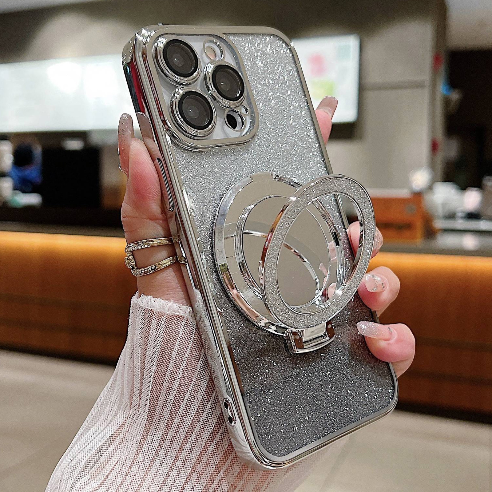 For iPhone 15 Pro Plated Mirror Holder Gradient Glitter MagSafe Phone Case(Gray) - Shopkiz.com