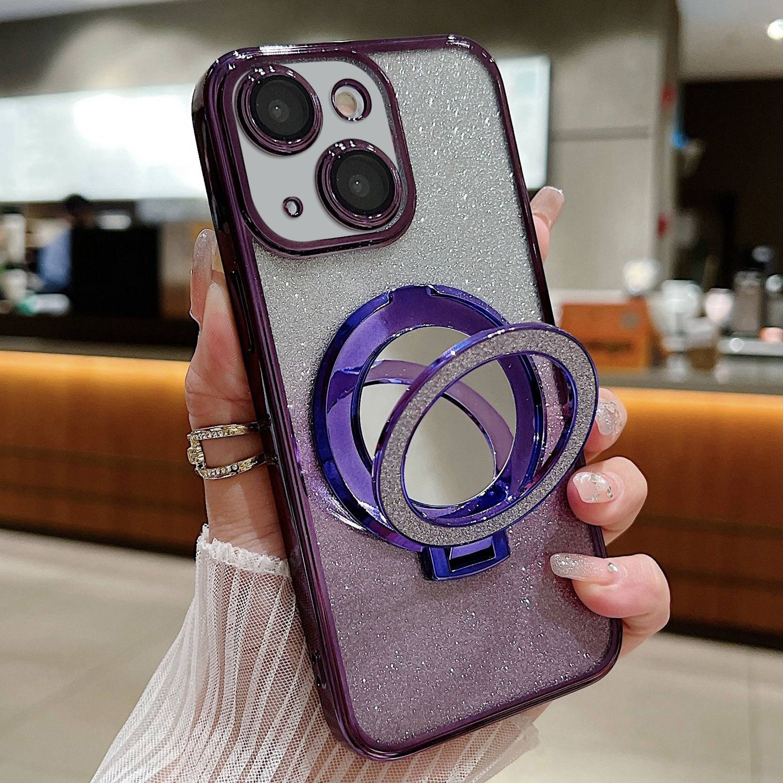 For iPhone 15 Plus Plated Mirror Holder Gradient Glitter MagSafe Phone Case(Purple) - Shopkiz.com