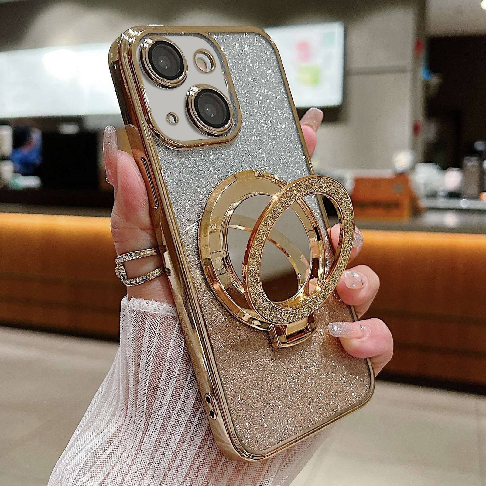 For iPhone 15 Plus Plated Mirror Holder Gradient Glitter MagSafe Phone Case(Gold) - Shopkiz.com
