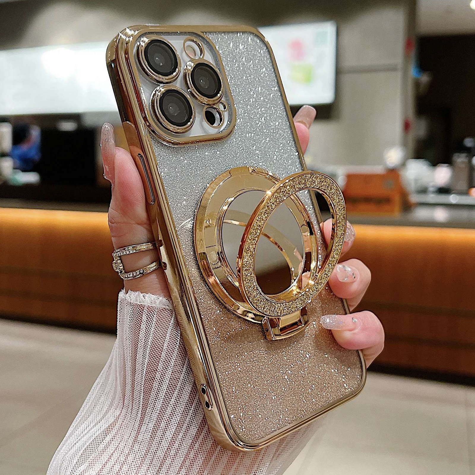 For iPhone 14 Pro Max Plated Mirror Holder Gradient Glitter MagSafe Phone Case(Gold) - Shopkiz.com