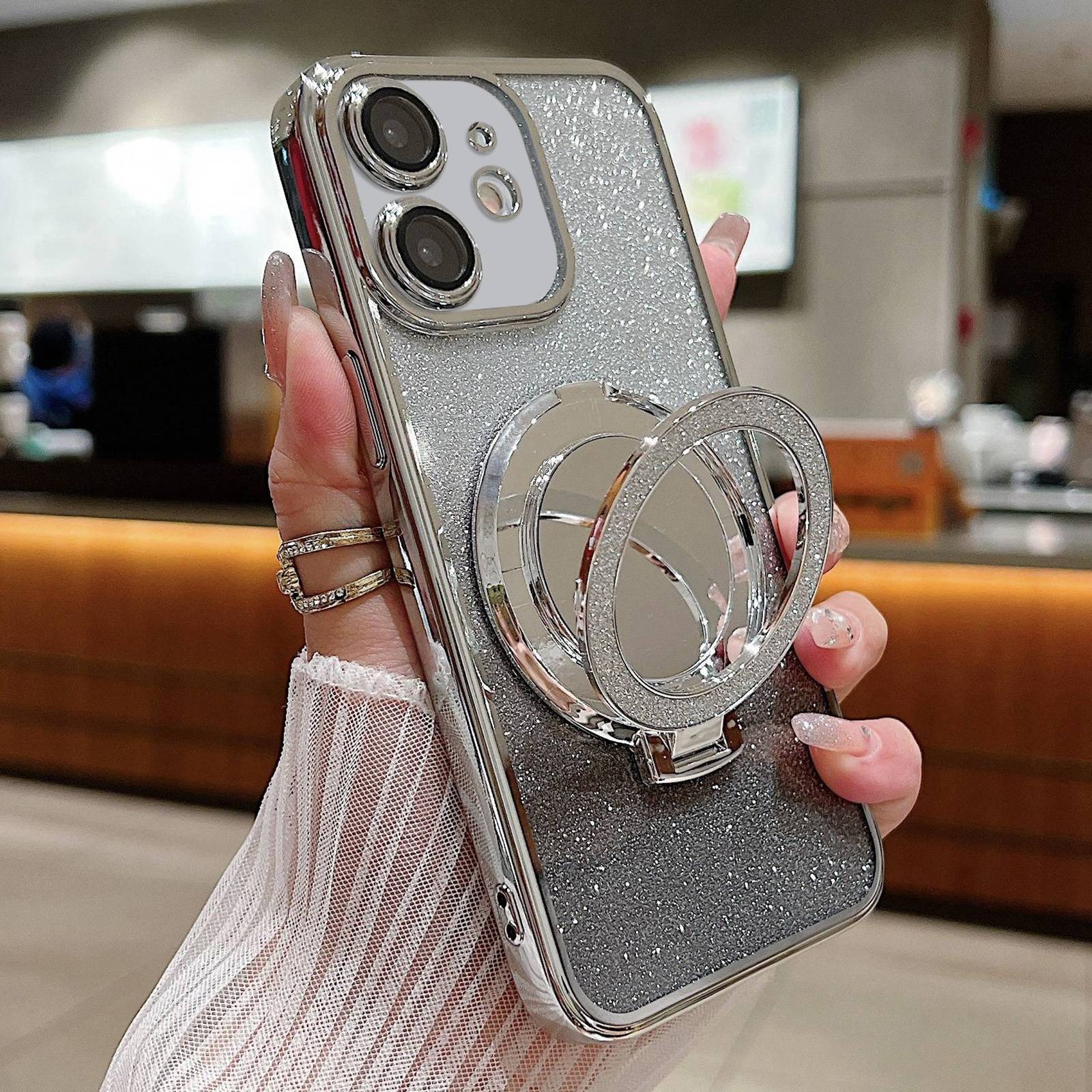 For iPhone 12 mini Plated Mirror Holder Gradient Glitter MagSafe Phone Case(Gray) - Shopkiz.com