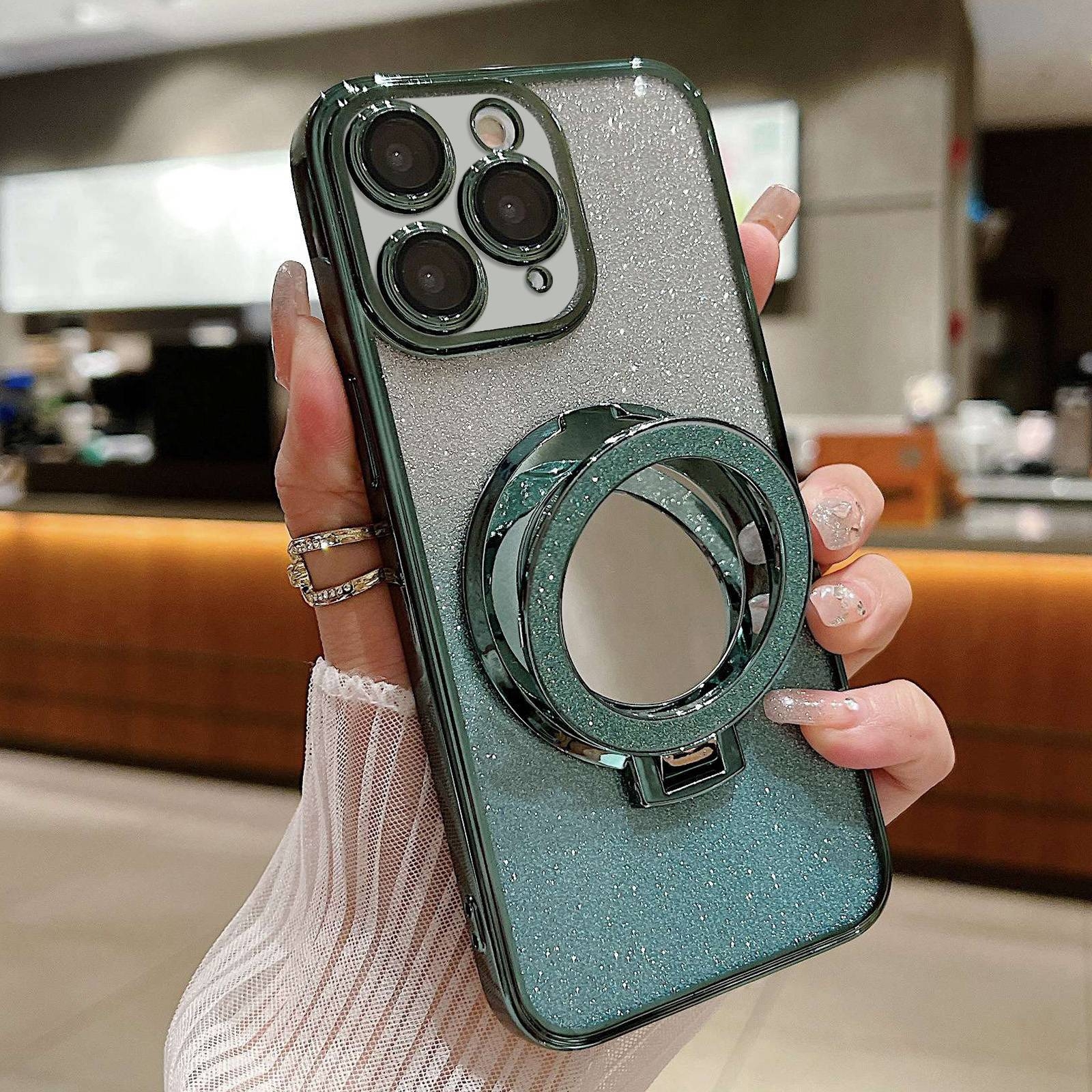 For iPhone 11 Pro Plated Mirror Holder Gradient Glitter MagSafe Phone Case(Green) - Shopkiz.com