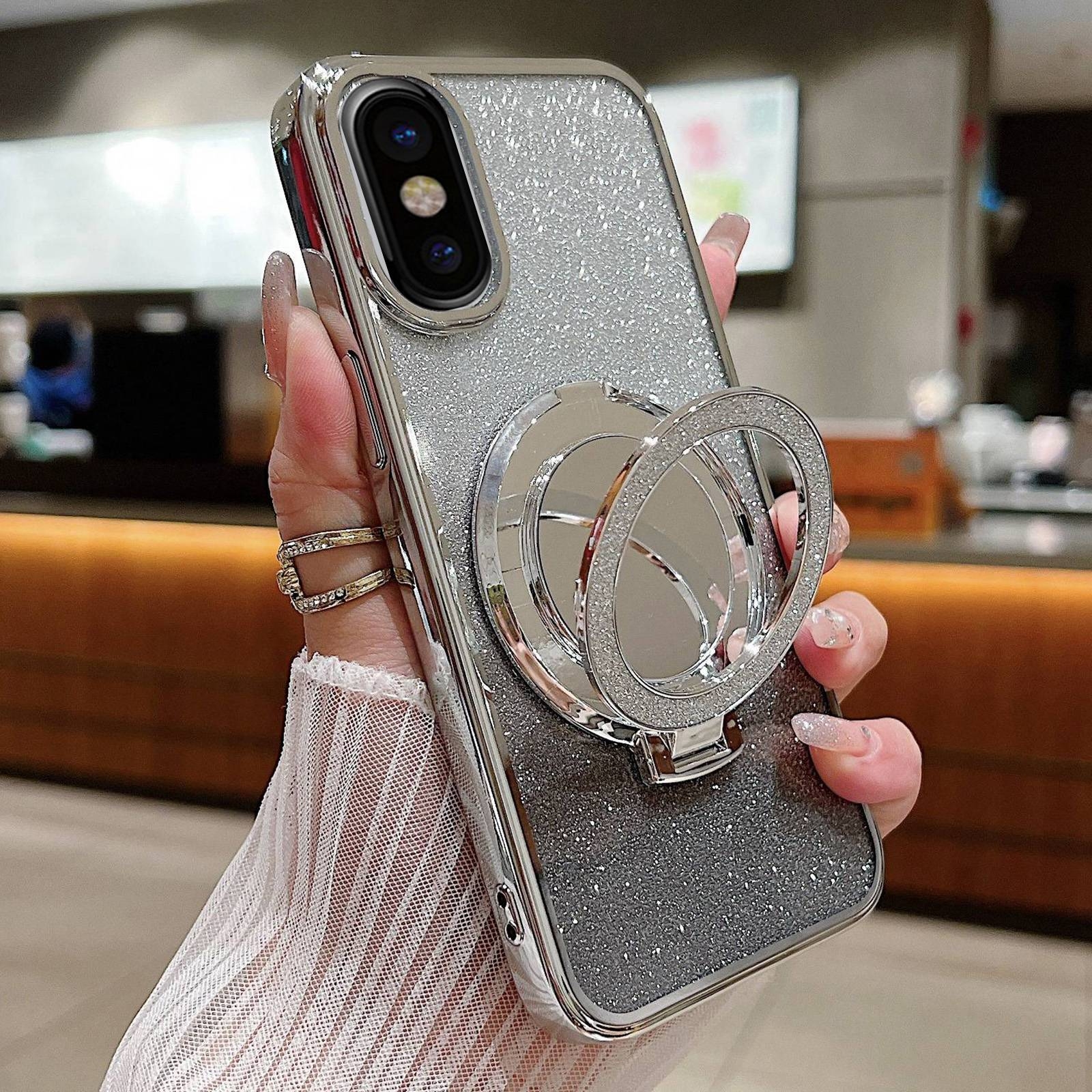 For iPhone X / XS Plated Mirror Holder Gradient Glitter MagSafe Phone Case(Gray) - Shopkiz.com