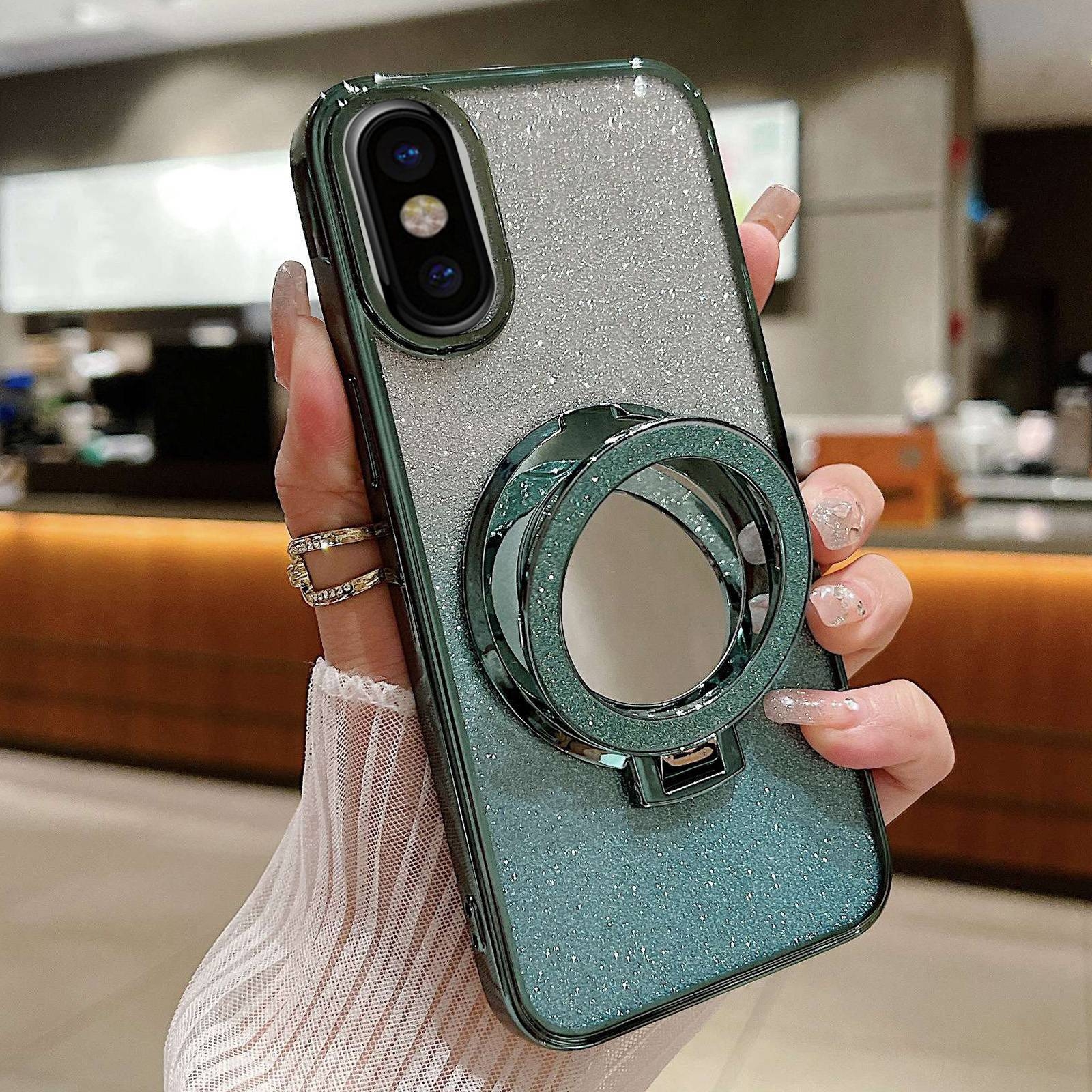 For iPhone X / XS Plated Mirror Holder Gradient Glitter MagSafe Phone Case(Green) - Shopkiz.com
