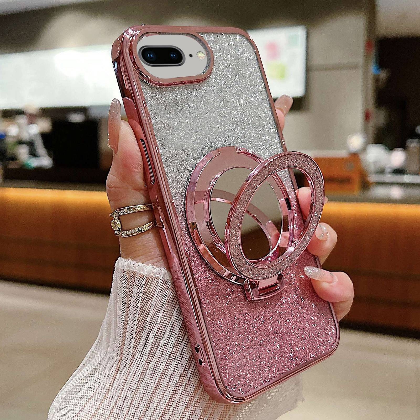 For iPhone 7 Plus / 8 Plus Plated Mirror Holder Gradient Glitter MagSafe Phone Case(Pink) - Shopkiz.com
