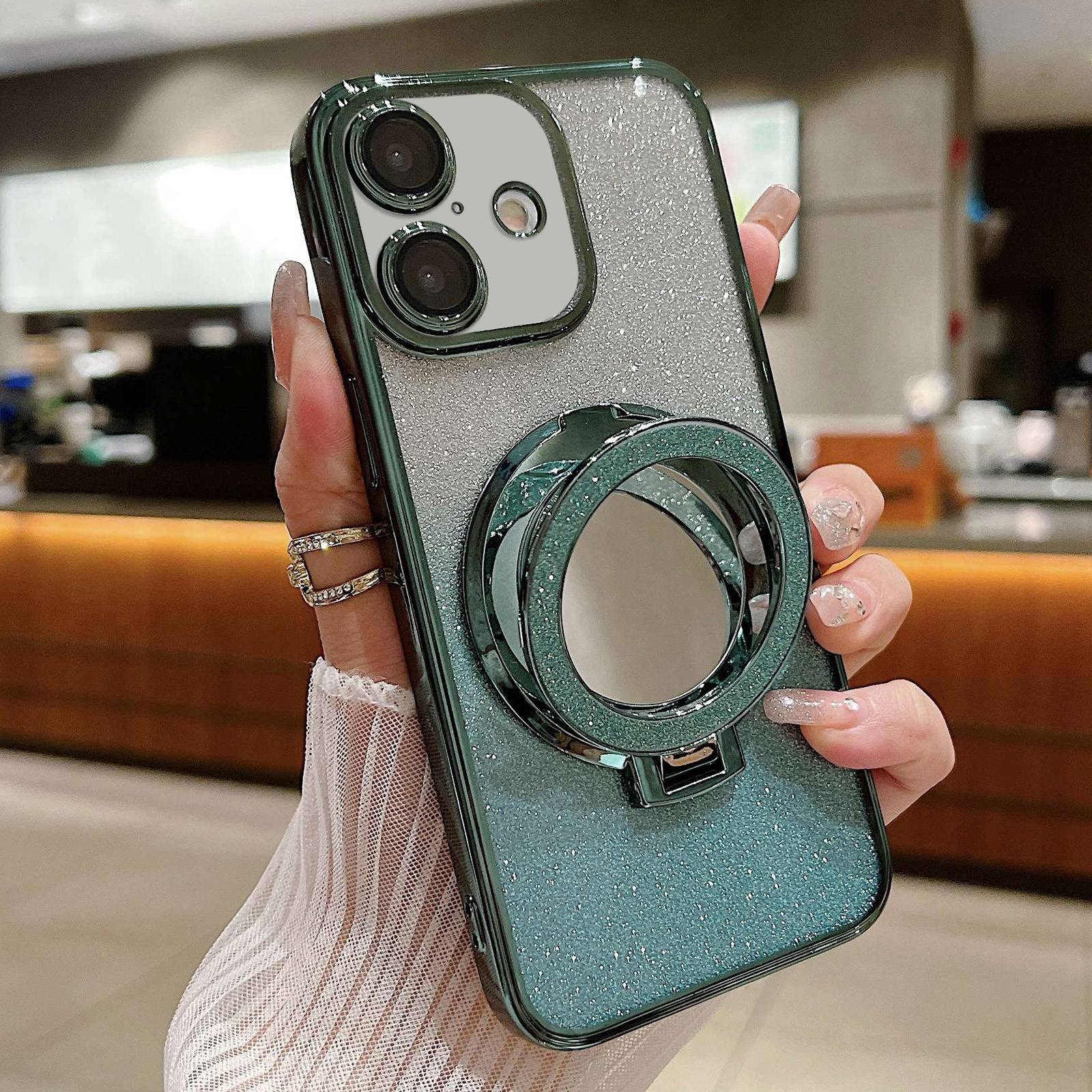 For iPhone 16 Plus Plated Mirror Holder Gradient Glitter MagSafe Phone Case(Green) - Shopkiz.com