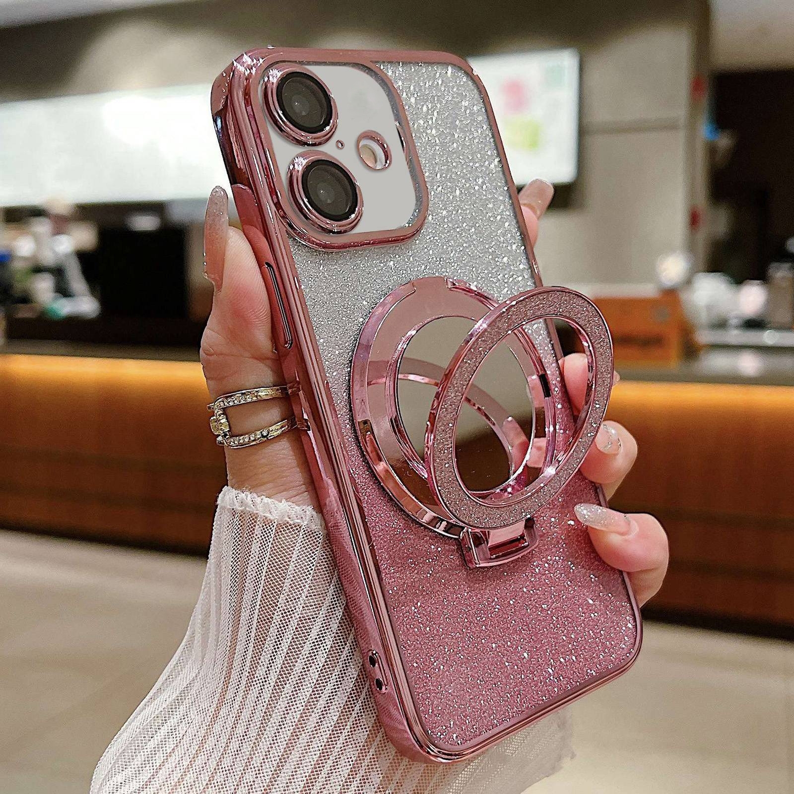 For iPhone 16 Plus Plated Mirror Holder Gradient Glitter MagSafe Phone Case(Pink) - Shopkiz.com