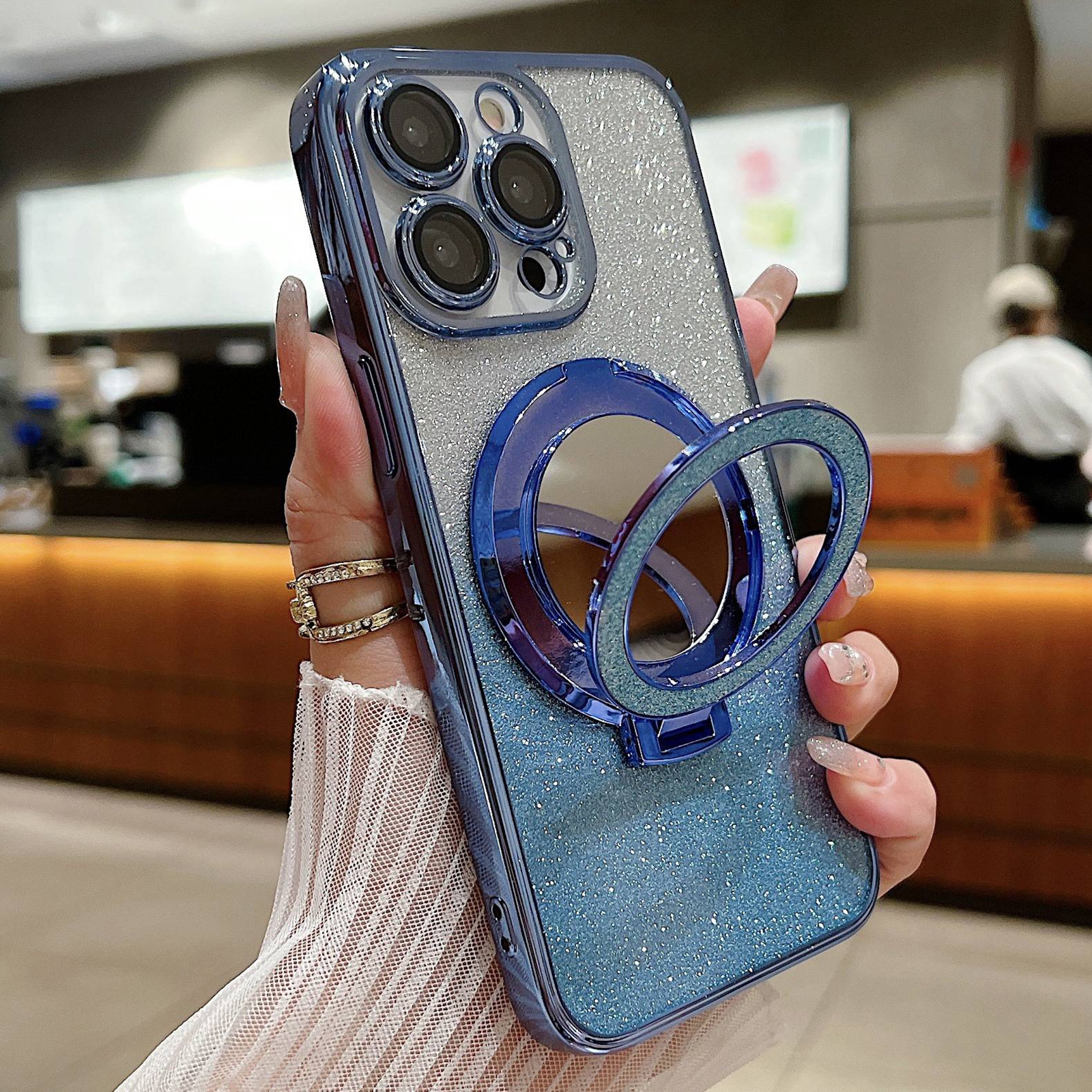 For iPhone 16 Pro Max Plated Mirror Holder Gradient Glitter MagSafe Phone Case(Blue) - Shopkiz.com