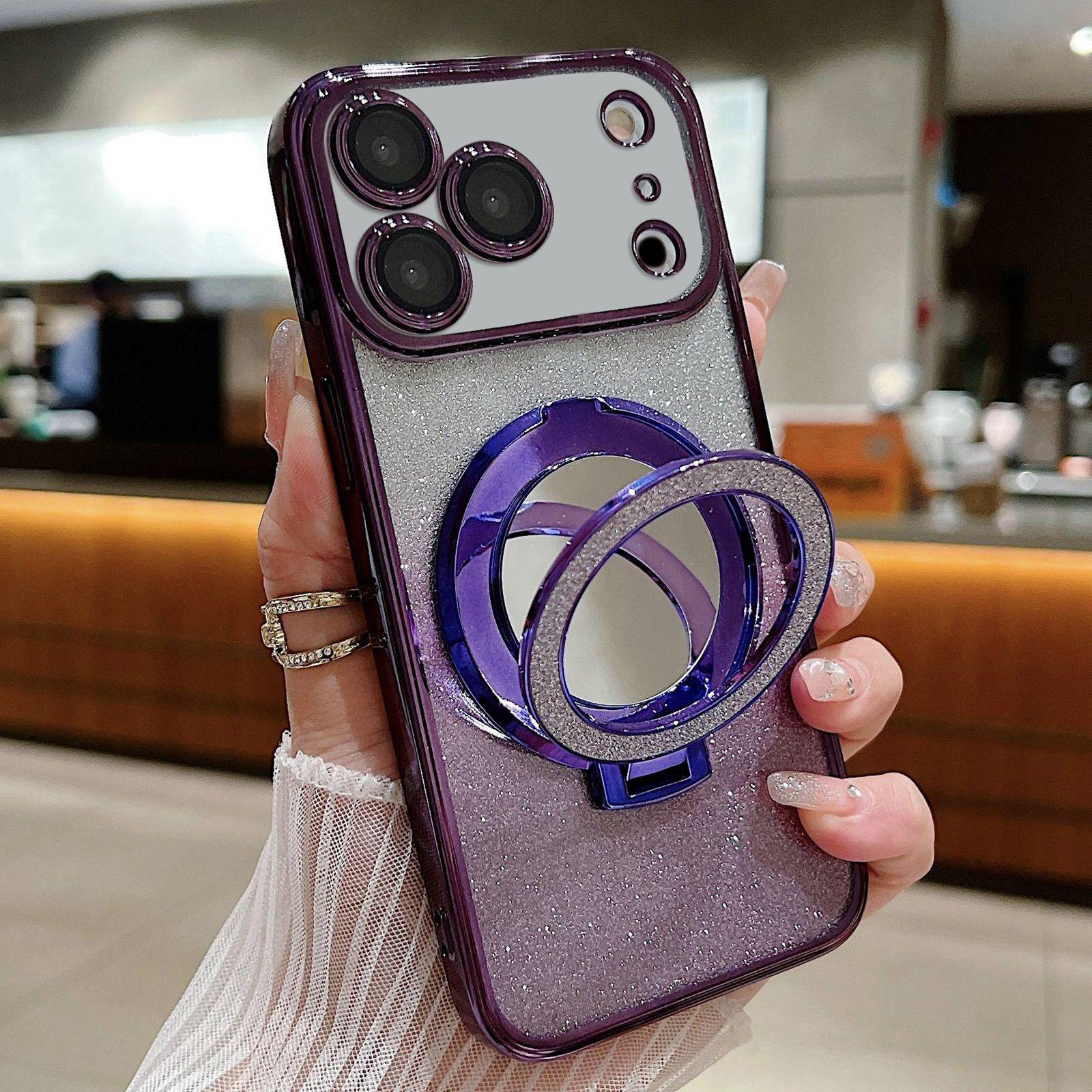 For iPhone 17 Pro Plated Mirror Holder Gradient Glitter MagSafe Phone Case(Purple) - Shopkiz.com