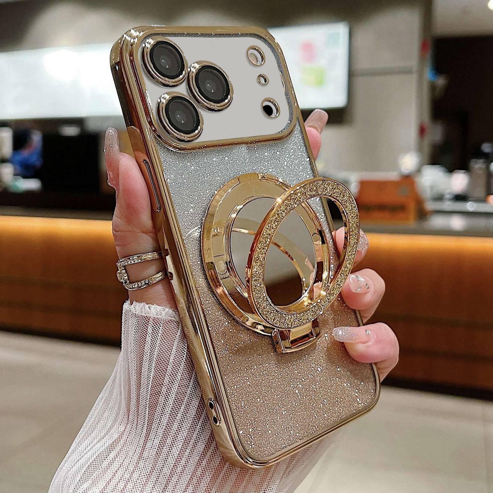 For iPhone 17 Pro Plated Mirror Holder Gradient Glitter MagSafe Phone Case(Gold) - Shopkiz.com