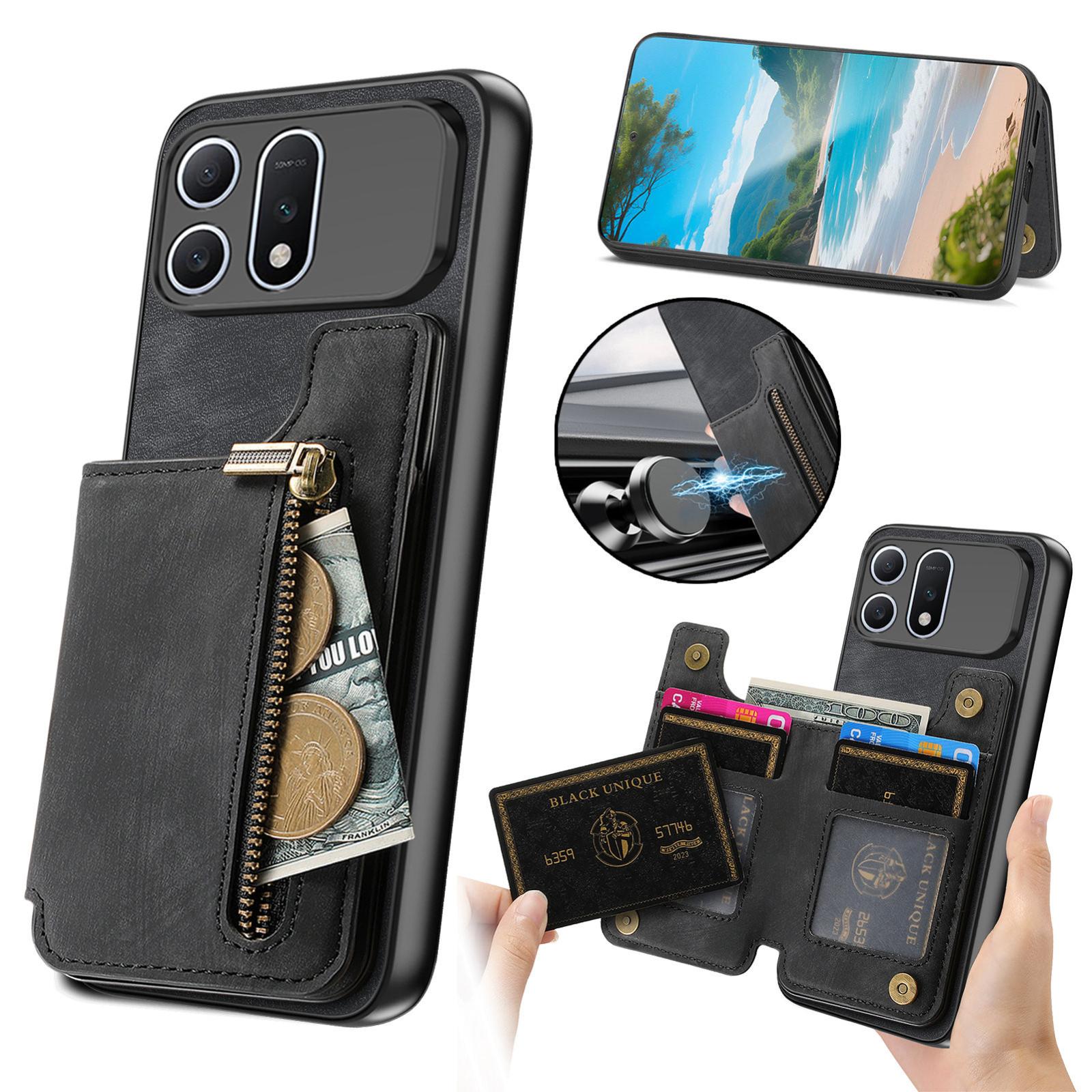 For Honor Win Turbo 5G Retro Leather Zipper Wallet Back Phone Case(Black) - Shopkiz.com