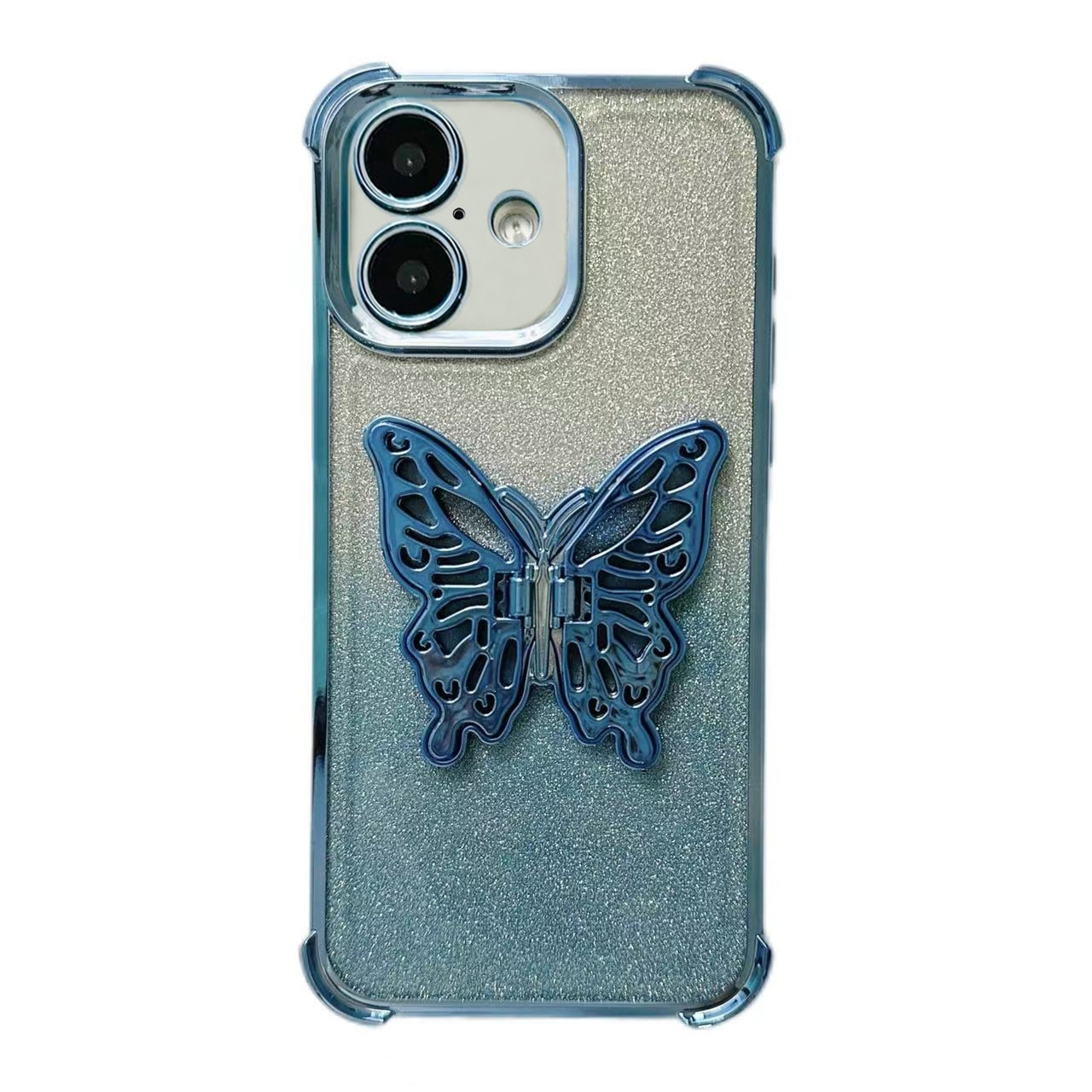 For iPhone 16 Electroplated Glitter 3D Butterfly Four-corner Shockproof TPU Phone Case(Gradient Blue) - Shopkiz.com