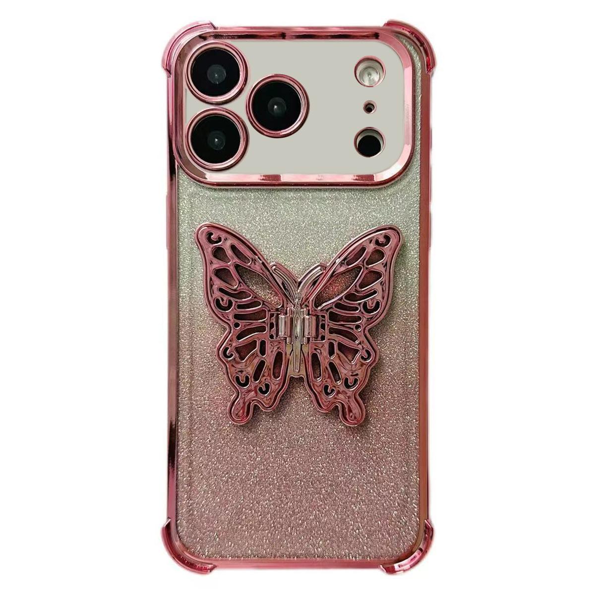 For iPhone 17 Pro Electroplated Glitter 3D Butterfly Four-corner Shockproof TPU Phone Case(Gradient Pink) - Shopkiz.com