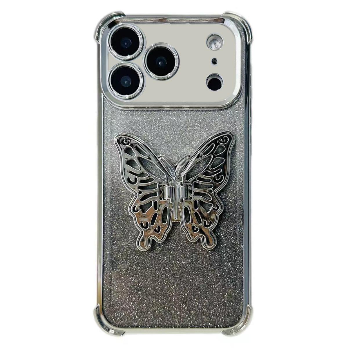 For iPhone 17 Pro Electroplated Glitter 3D Butterfly Four-corner Shockproof TPU Phone Case(Gradient Silver) - Shopkiz.com