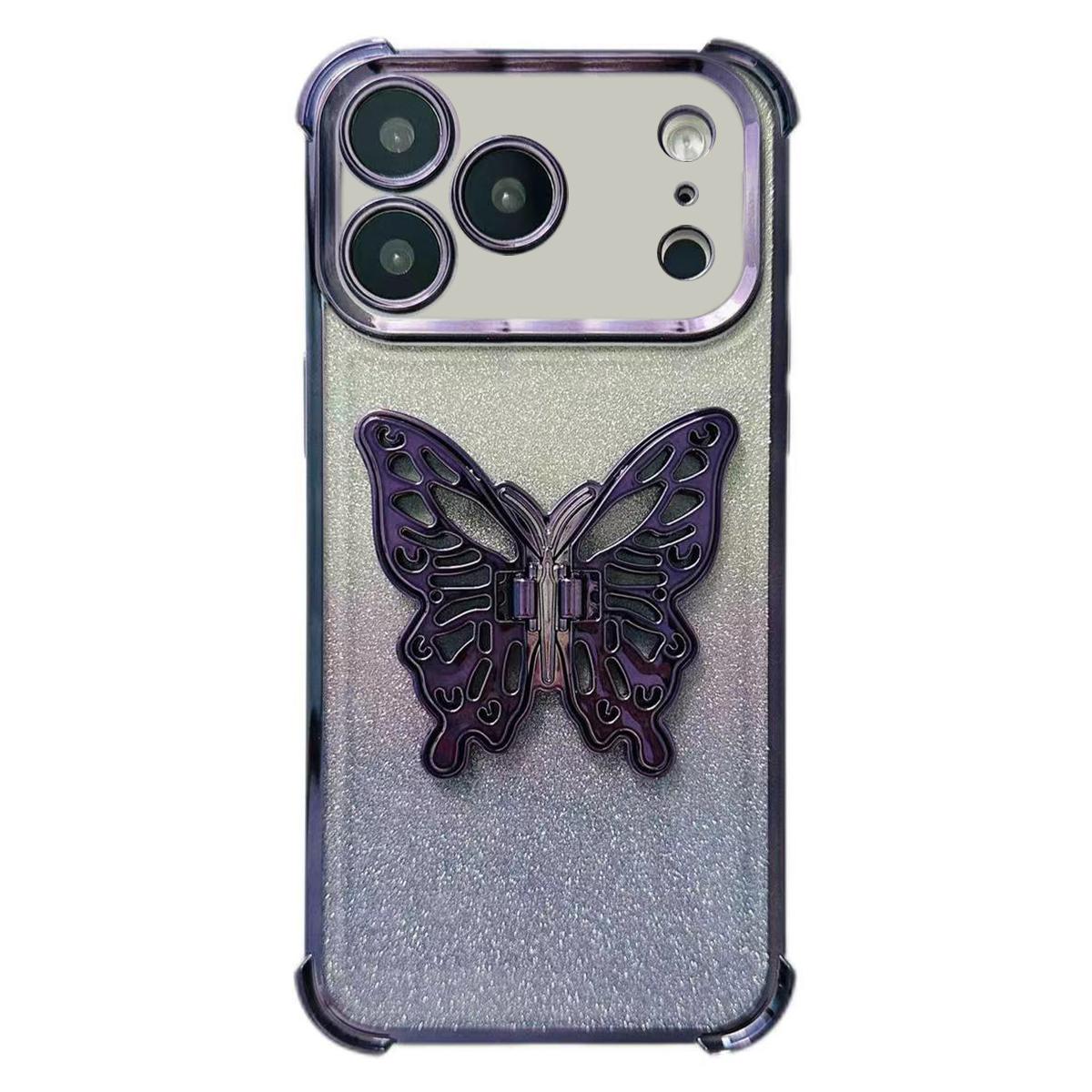 For iPhone 17 Pro Max Electroplated Glitter 3D Butterfly Four-corner Shockproof TPU Phone Case(Gradient Purple) - Shopkiz.com