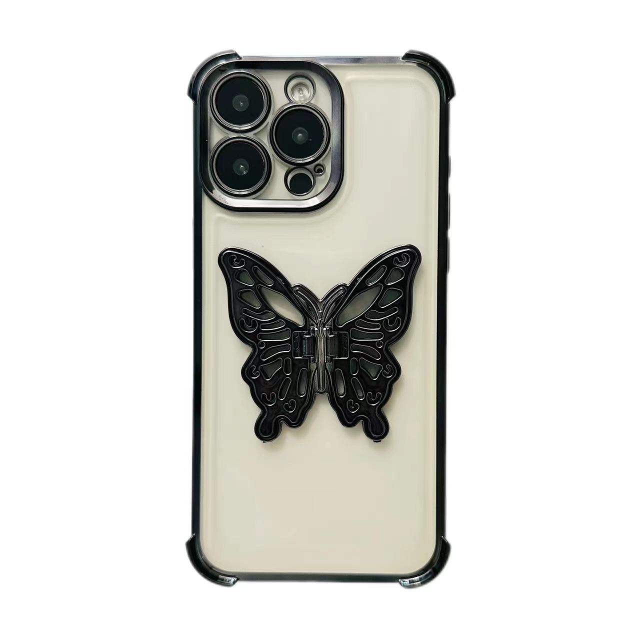 For iPhone 15 Pro Electrpolated 3D Butterfly Holder TPU Phone Case(Black) - Shopkiz.com