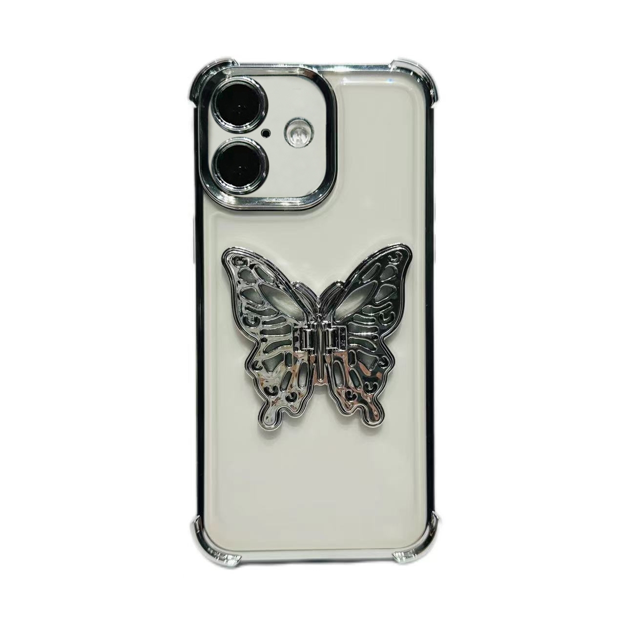 For iPhone 16 Electrpolated 3D Butterfly Holder TPU Phone Case(Silver) - Shopkiz.com