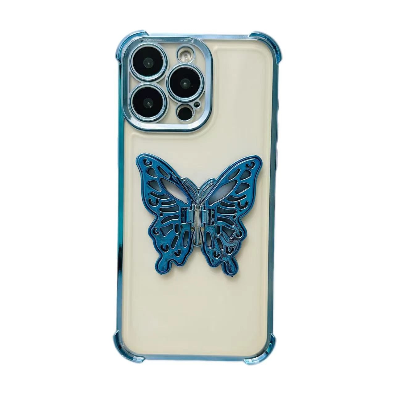 For iPhone 16 Pro Electrpolated 3D Butterfly Holder TPU Phone Case(Blue) - Shopkiz.com